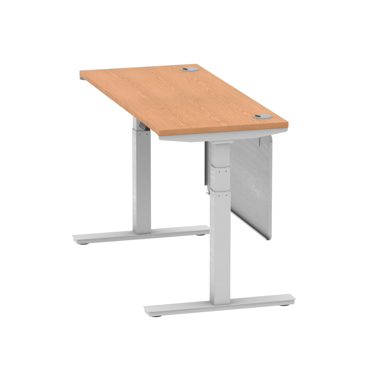 Air Modesty 1400 x 600mm Height Adjustable Office Desk Oak Top Cable Ports Silver Leg With Silver Steel Modesty Panel
