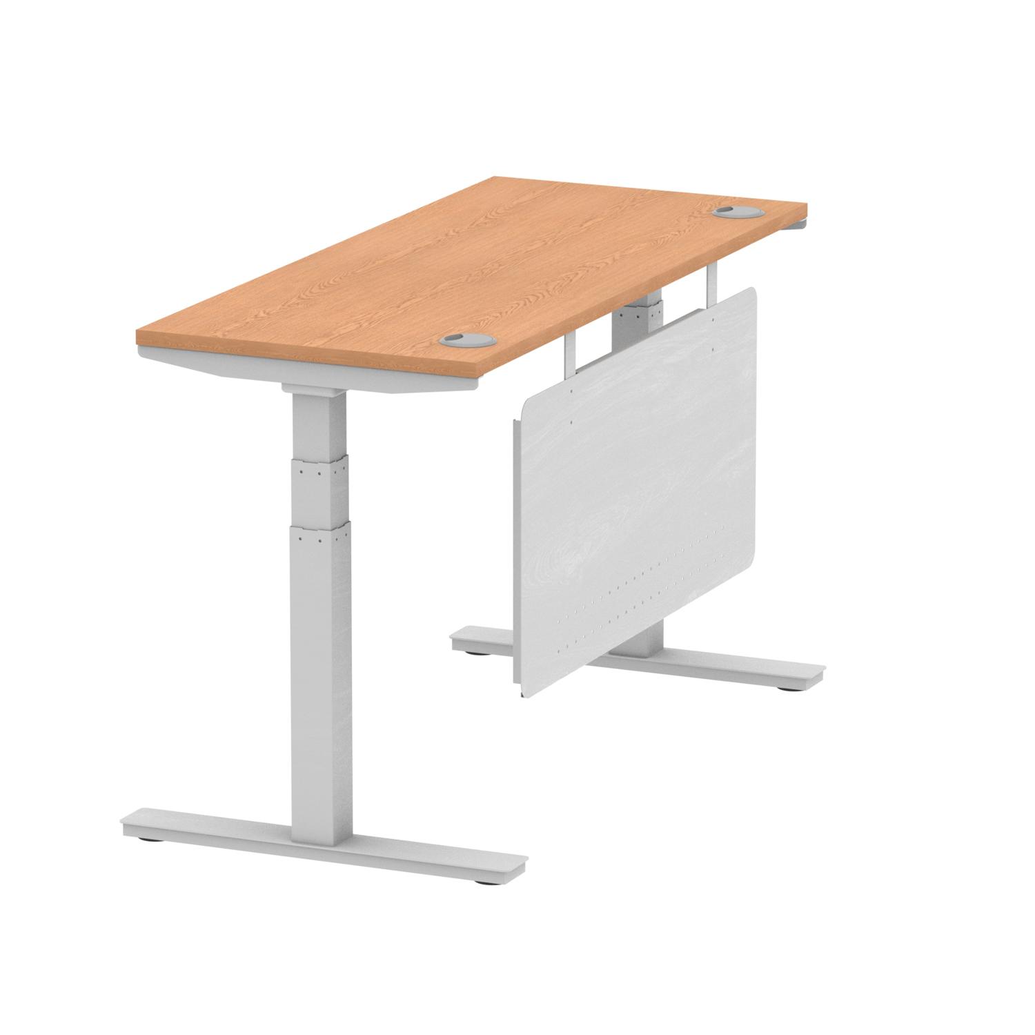 Air Modesty 1400 x 600mm Height Adjustable Office Desk Oak Top Cable Ports Silver Leg With Silver Steel Modesty Panel