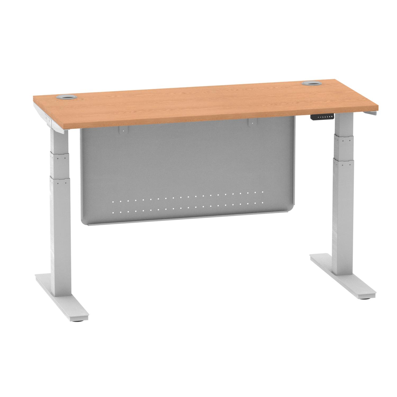 Air Modesty 1400 x 600mm Height Adjustable Office Desk Oak Top Cable Ports Silver Leg With Silver Steel Modesty Panel