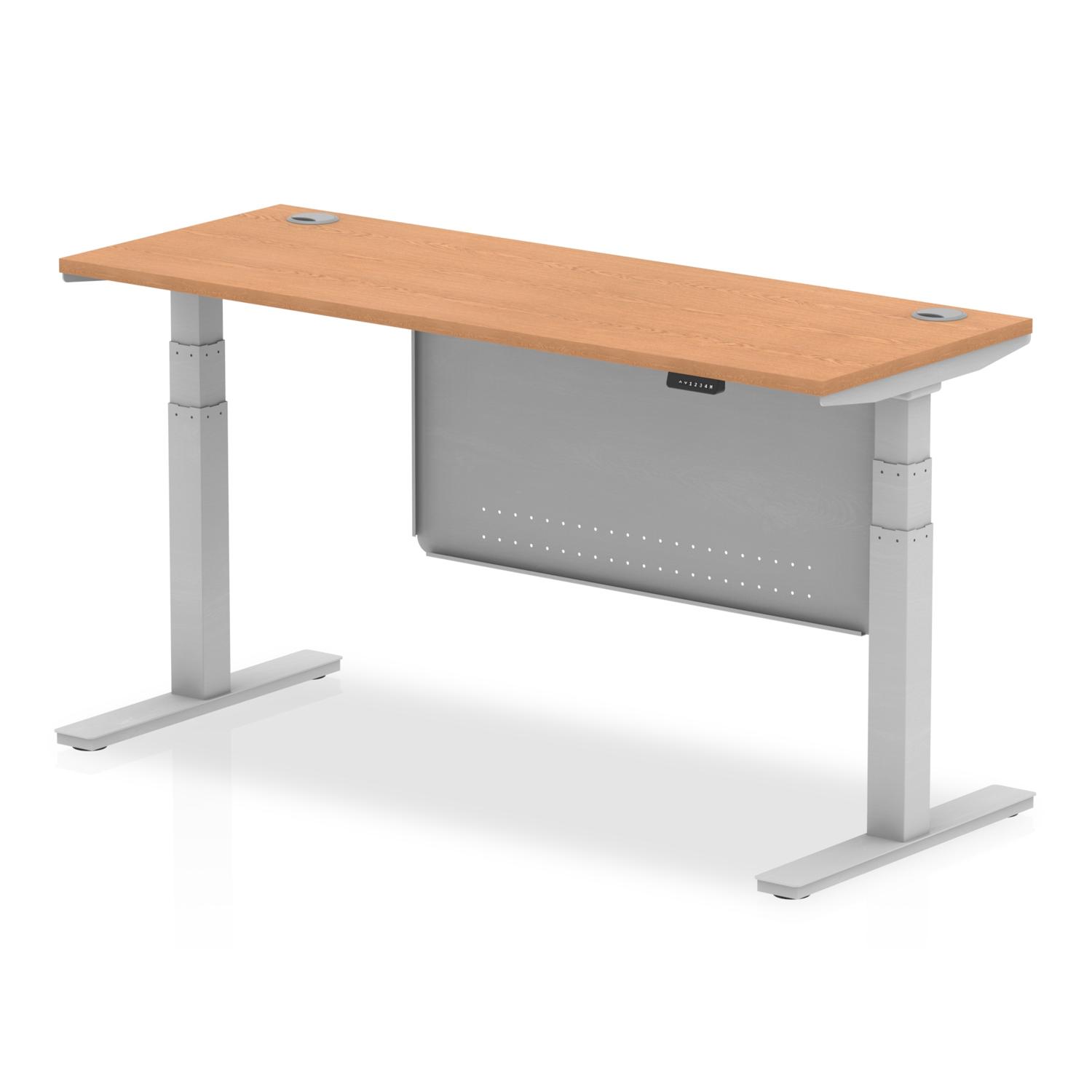 Air Modesty 1600 x 600mm Height Adjustable Office Desk Oak Top Cable Ports Silver Leg With Silver Steel Modesty Panel
