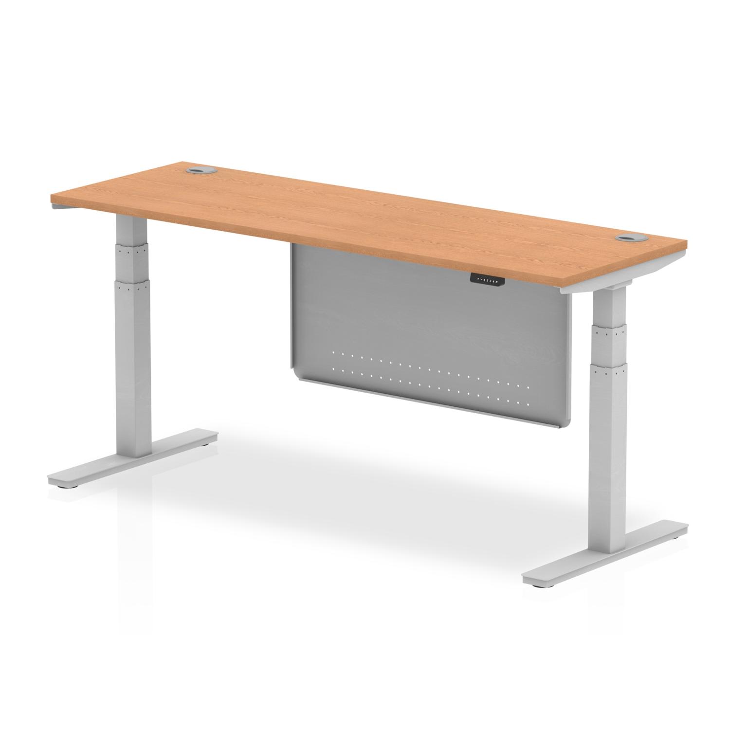 Air Modesty 1800 x 600mm Height Adjustable Office Desk Oak Top Cable Ports Silver Leg With Silver Steel Modesty Panel