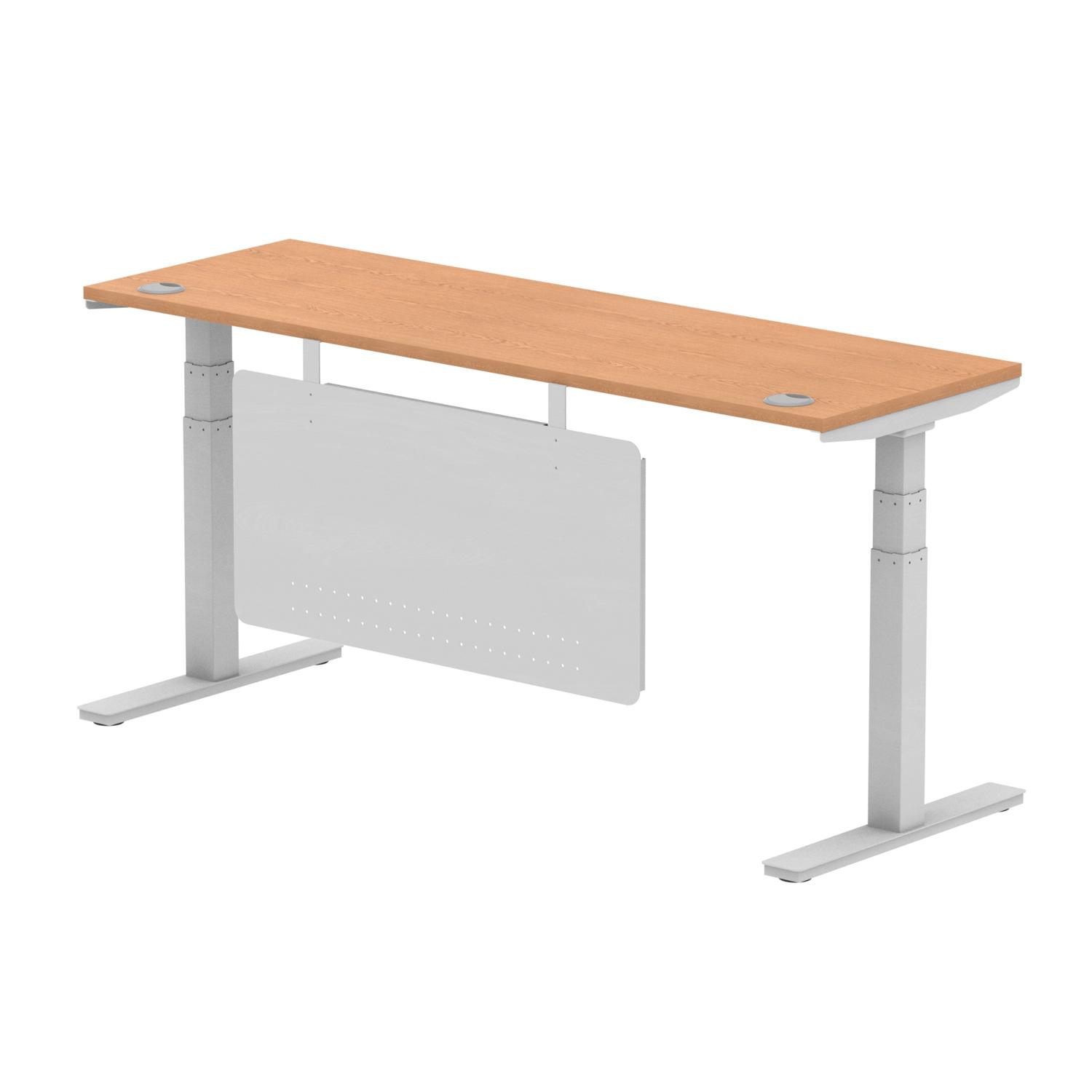 Air Modesty 1800 x 600mm Height Adjustable Office Desk Oak Top Cable Ports Silver Leg With Silver Steel Modesty Panel