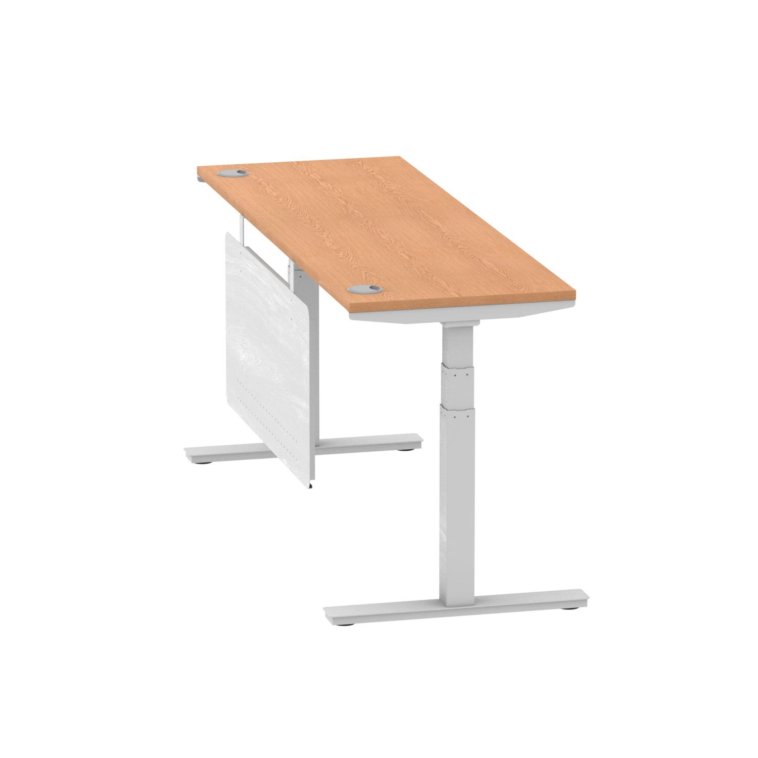 Air Modesty 1800 x 600mm Height Adjustable Office Desk Oak Top Cable Ports Silver Leg With Silver Steel Modesty Panel