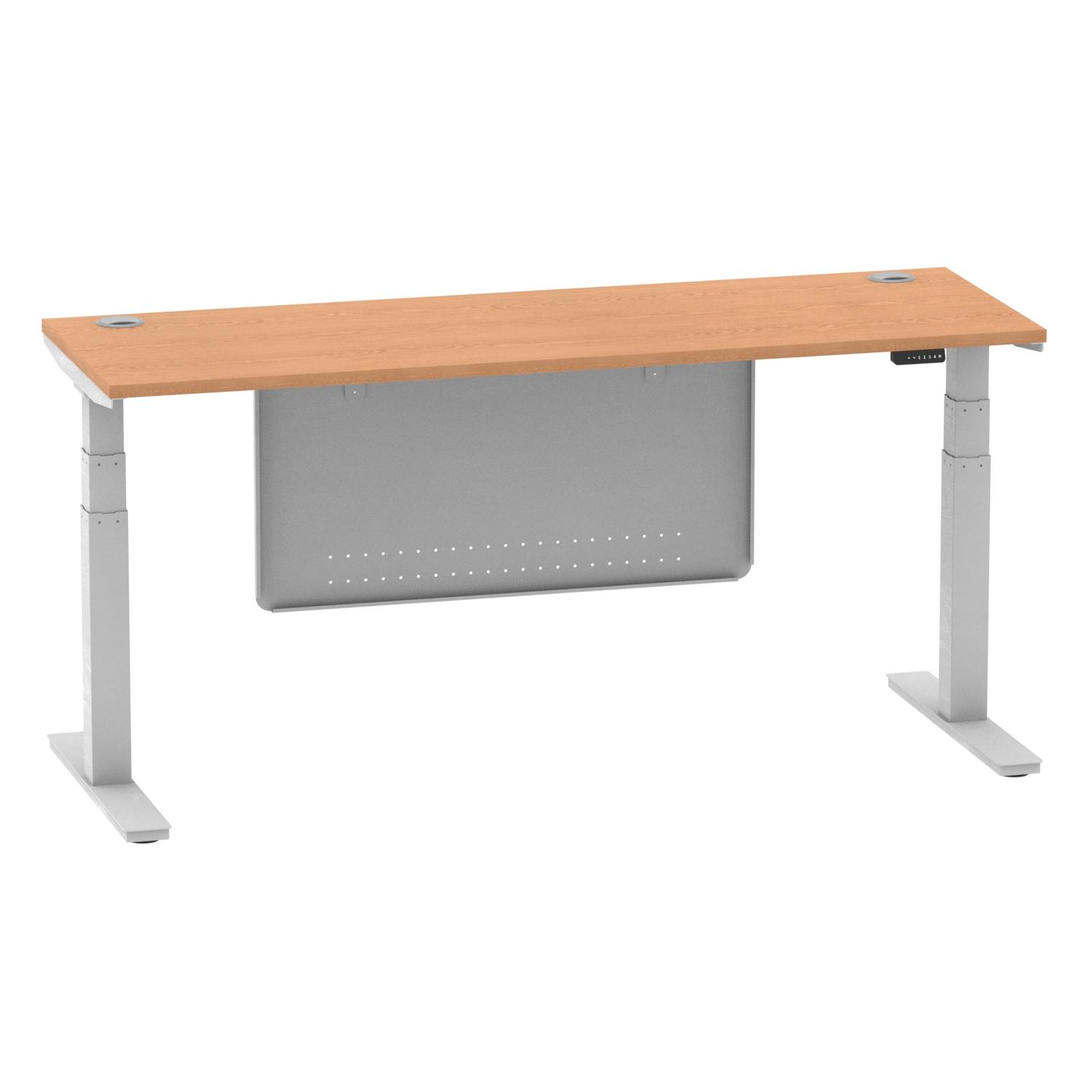 Air Modesty 1800 x 600mm Height Adjustable Office Desk Oak Top Cable Ports Silver Leg With Silver Steel Modesty Panel
