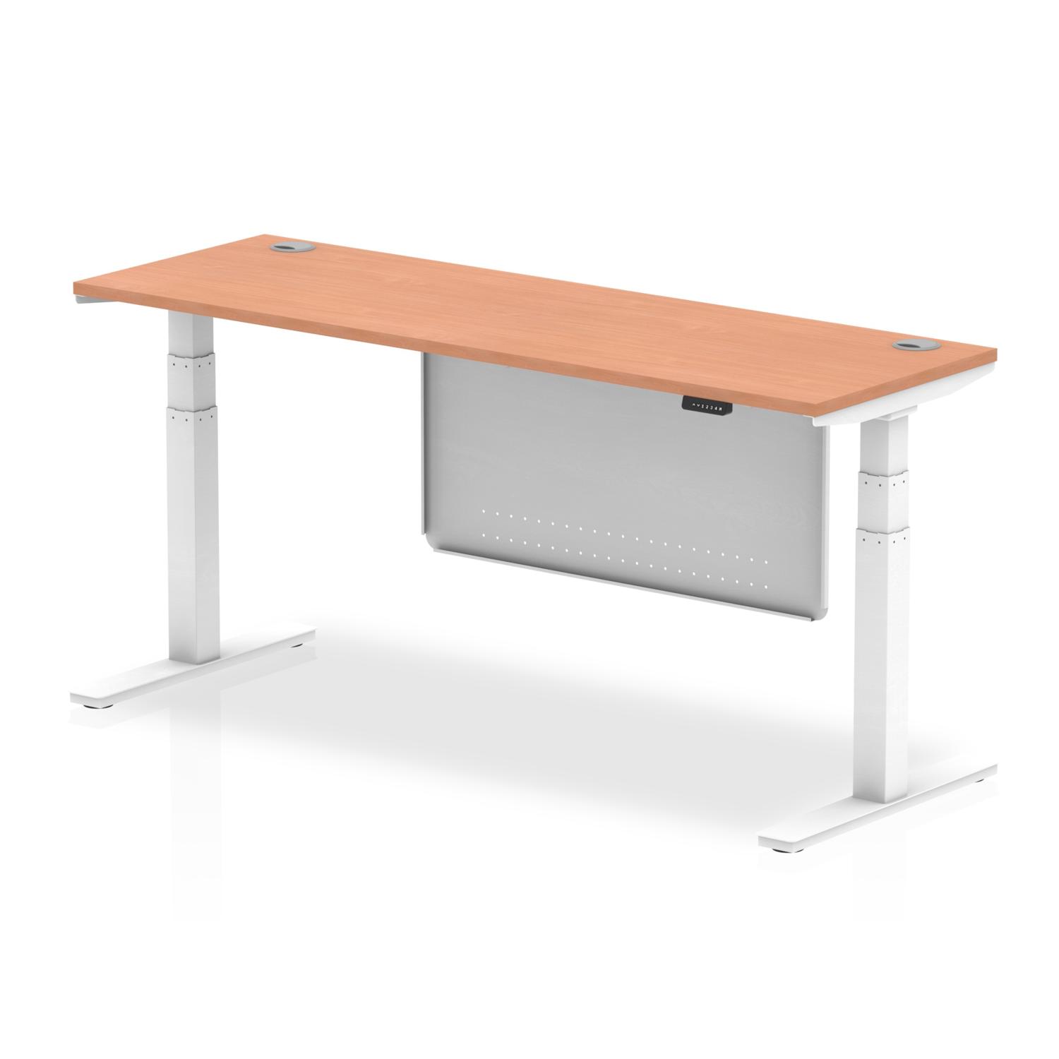 Air Modesty 1800 x 600mm Height Adjustable Office Desk Beech Top Cable Ports White Leg With White Steel Modesty Panel