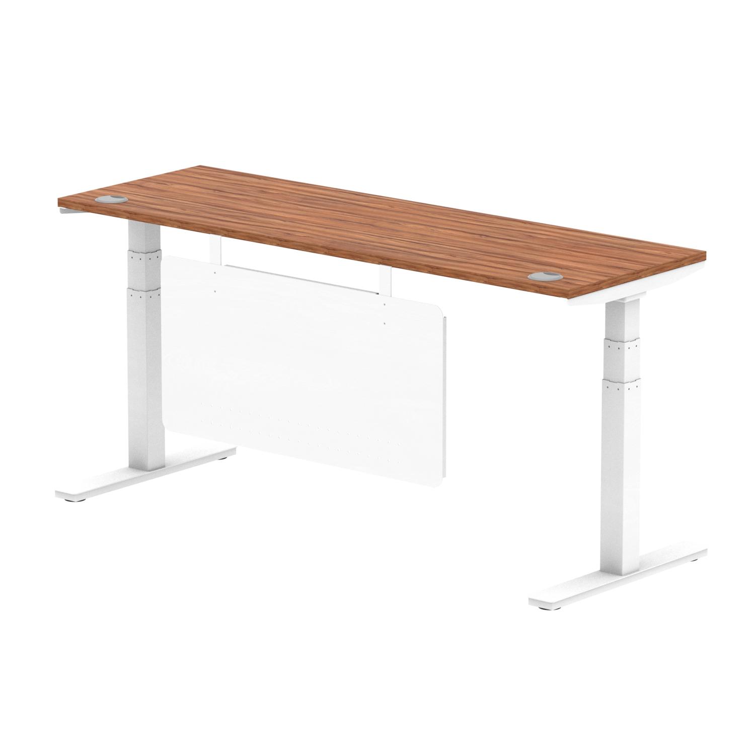 Air Modesty 1800 x 600mm Height Adjustable Office Desk Walnut Top Cable Ports White Leg With White Steel Modesty Panel