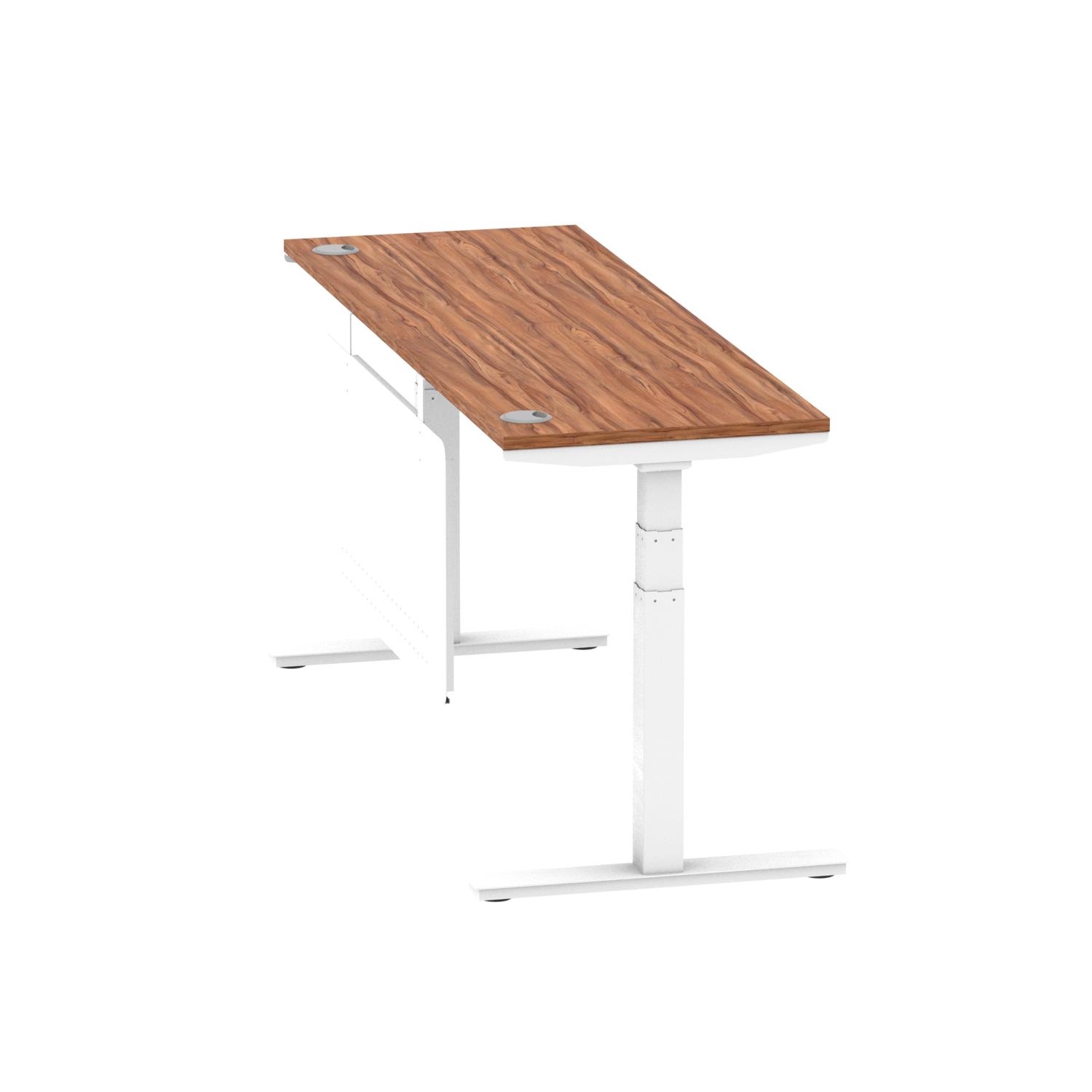 Air Modesty 1800 x 600mm Height Adjustable Office Desk Walnut Top Cable Ports White Leg With White Steel Modesty Panel