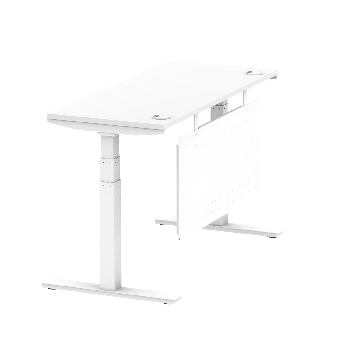 Air Modesty 1400 x 600mm Height Adjustable Office Desk White Top Cable Ports White Leg With White Steel Modesty Panel