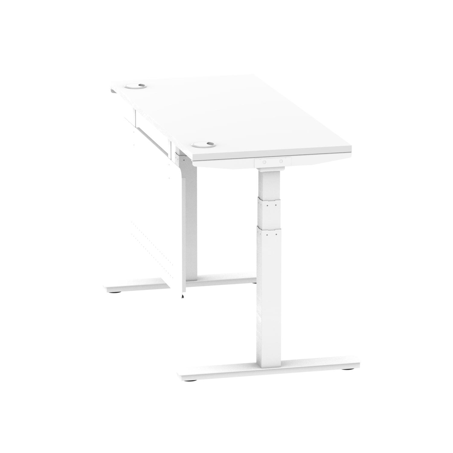 Air Modesty 1400 x 600mm Height Adjustable Office Desk White Top Cable Ports White Leg With White Steel Modesty Panel
