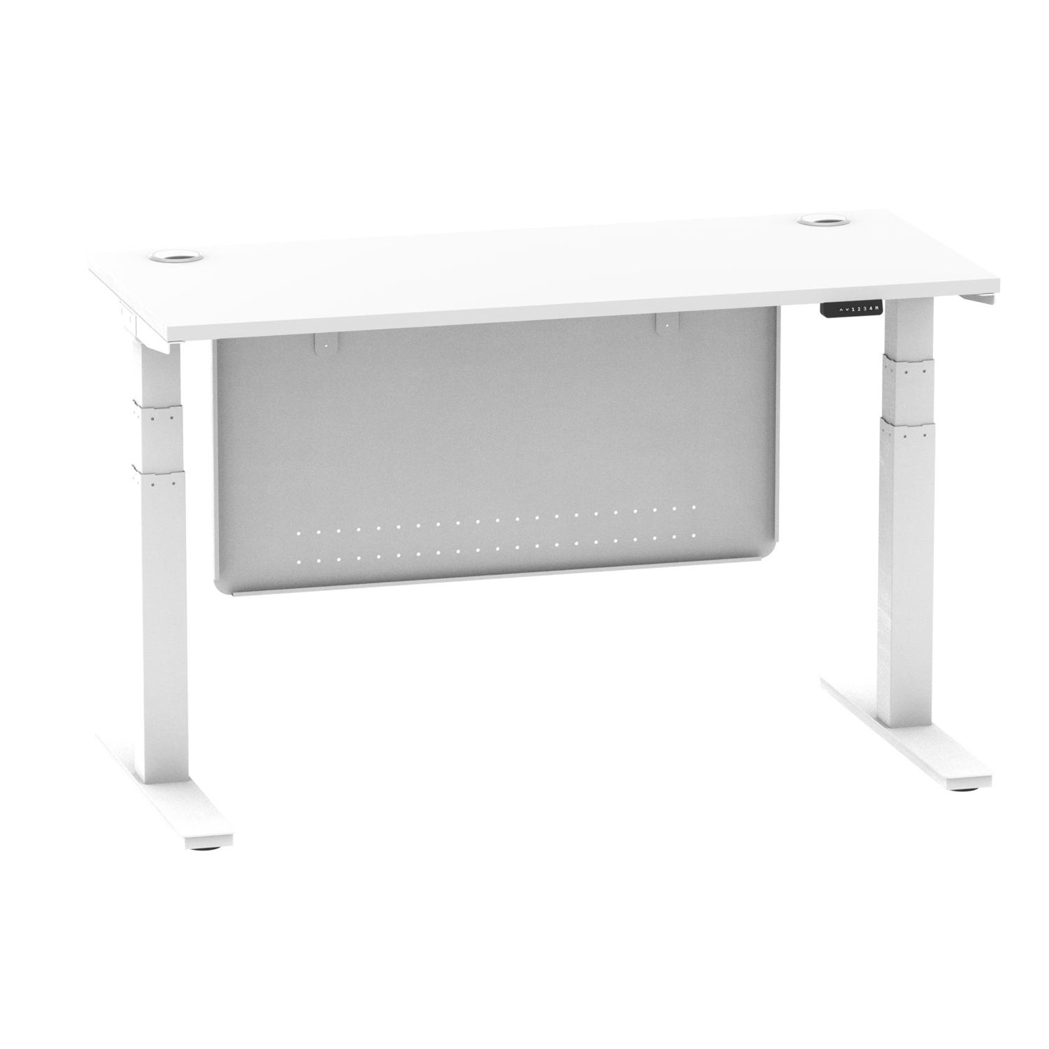Air Modesty 1400 x 600mm Height Adjustable Office Desk White Top Cable Ports White Leg With White Steel Modesty Panel