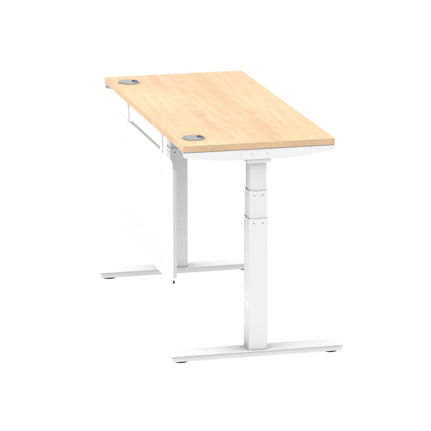 Air Modesty 1400 x 600mm Height Adjustable Office Desk Maple Top Cable Ports White Leg With White Steel Modesty Panel
