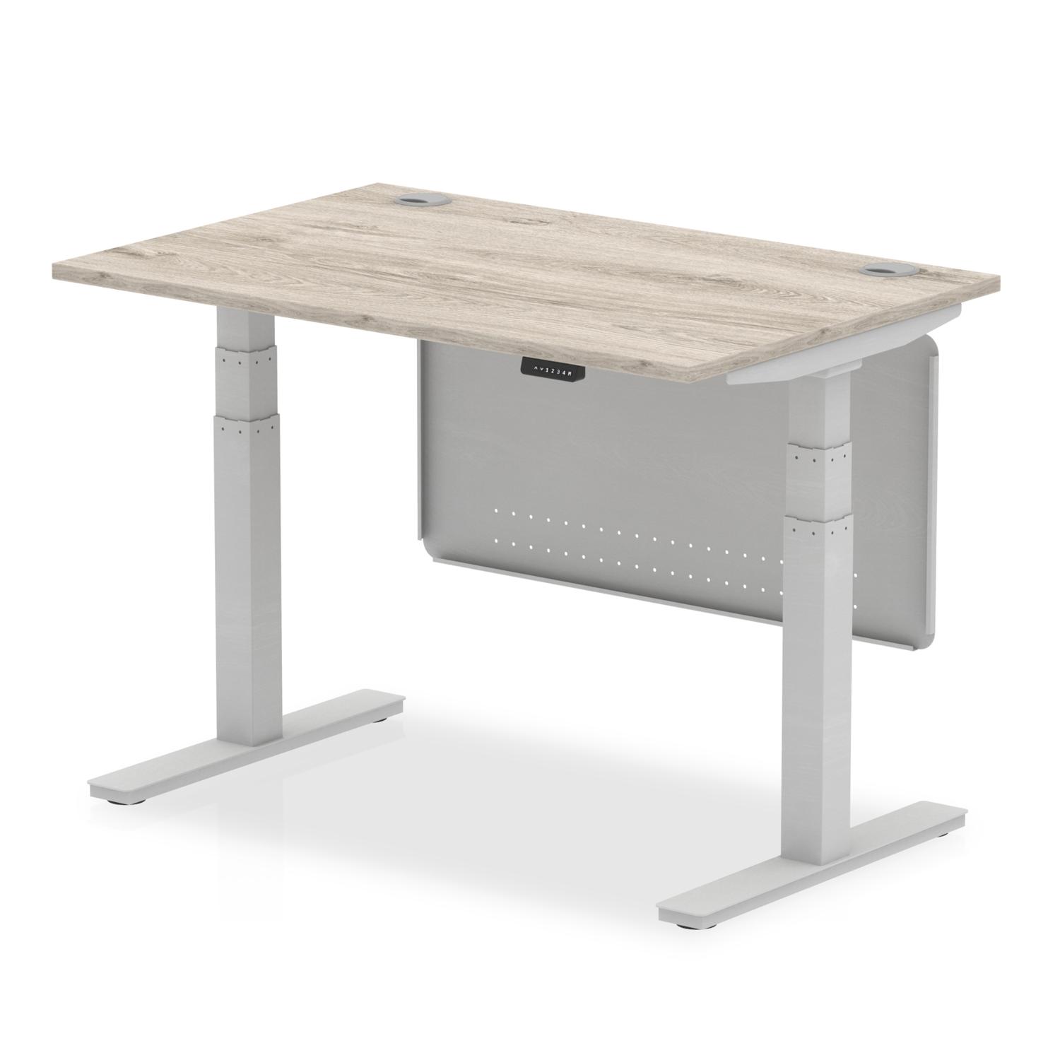 Air Modesty 1200 x 800mm Height Adjustable Office Desk Grey Oak Top Cable Ports Silver Leg With Silver Steel Modesty Panel