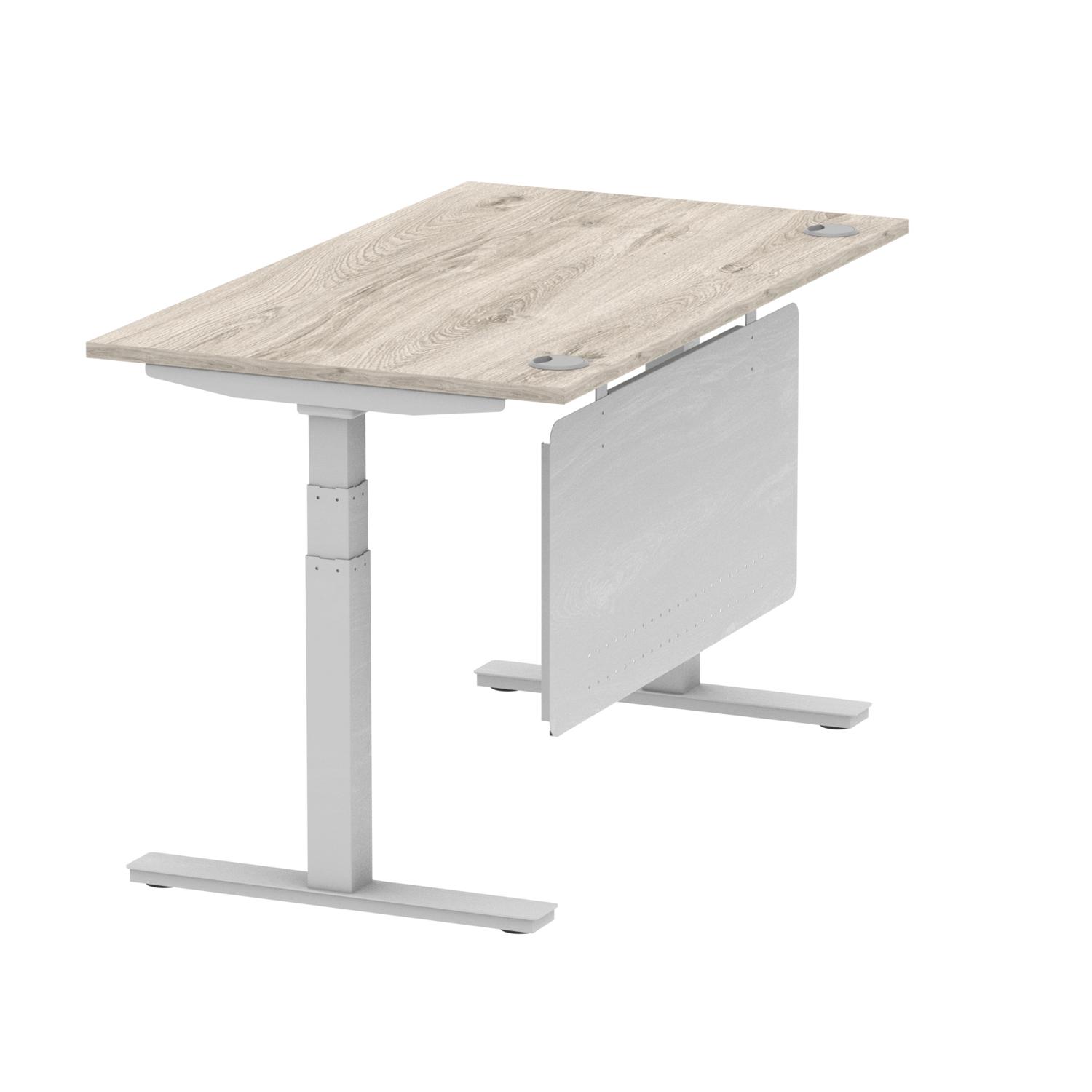 Air Modesty 1400 x 800mm Height Adjustable Office Desk Grey Oak Top Cable Ports Silver Leg With Silver Steel Modesty Panel