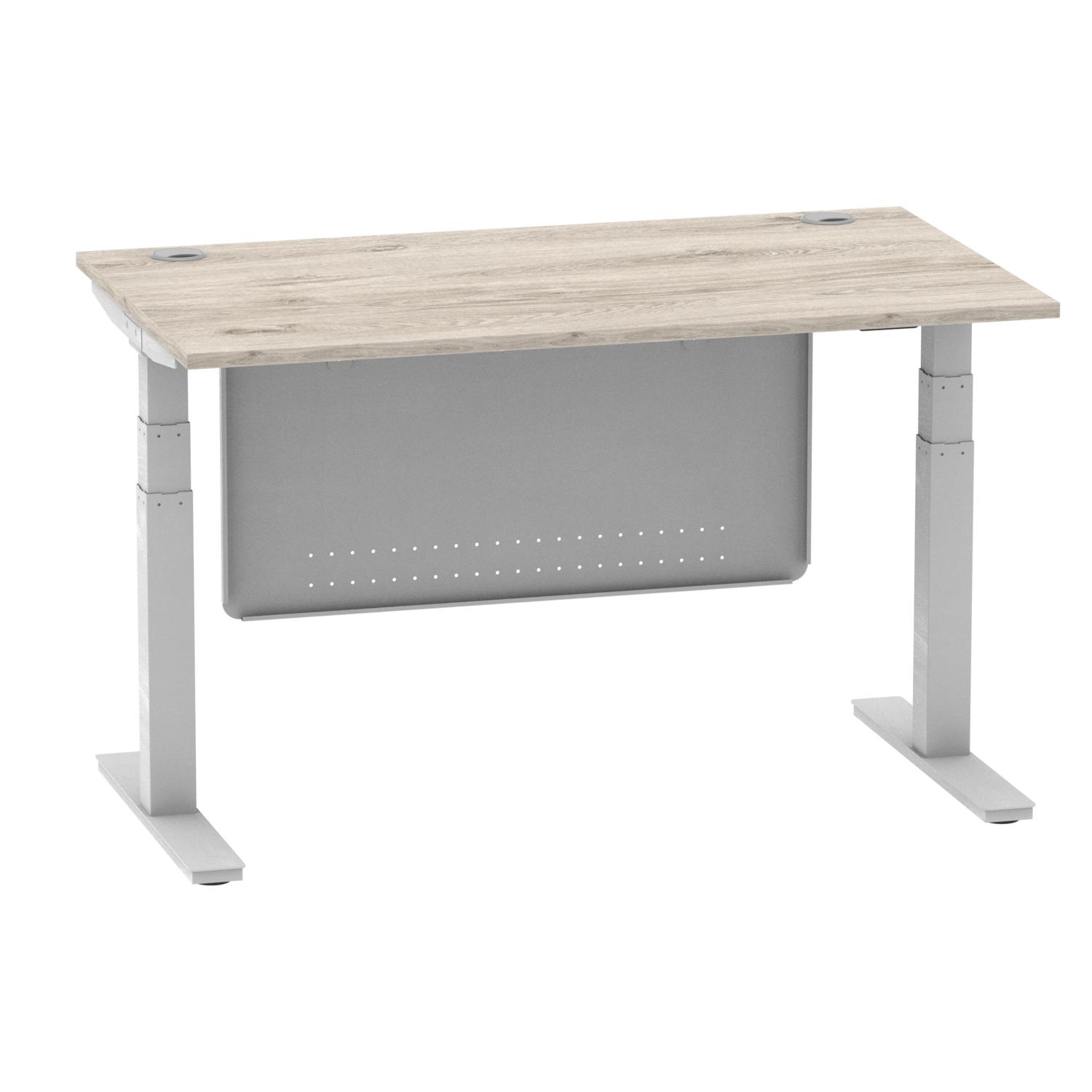 Air Modesty 1400 x 800mm Height Adjustable Office Desk Grey Oak Top Cable Ports Silver Leg With Silver Steel Modesty Panel