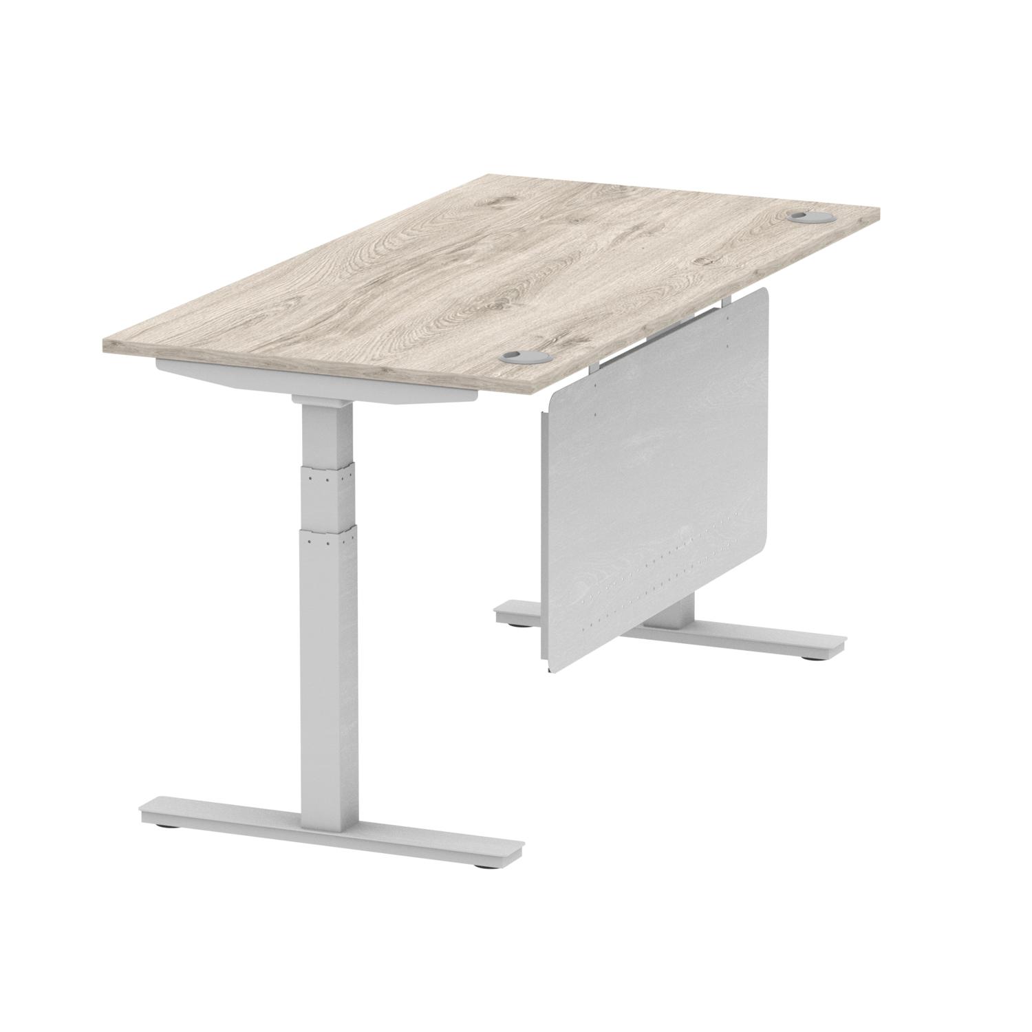 Air Modesty 1600 x 800mm Height Adjustable Office Desk Grey Oak Top Cable Ports Silver Leg With Silver Steel Modesty Panel