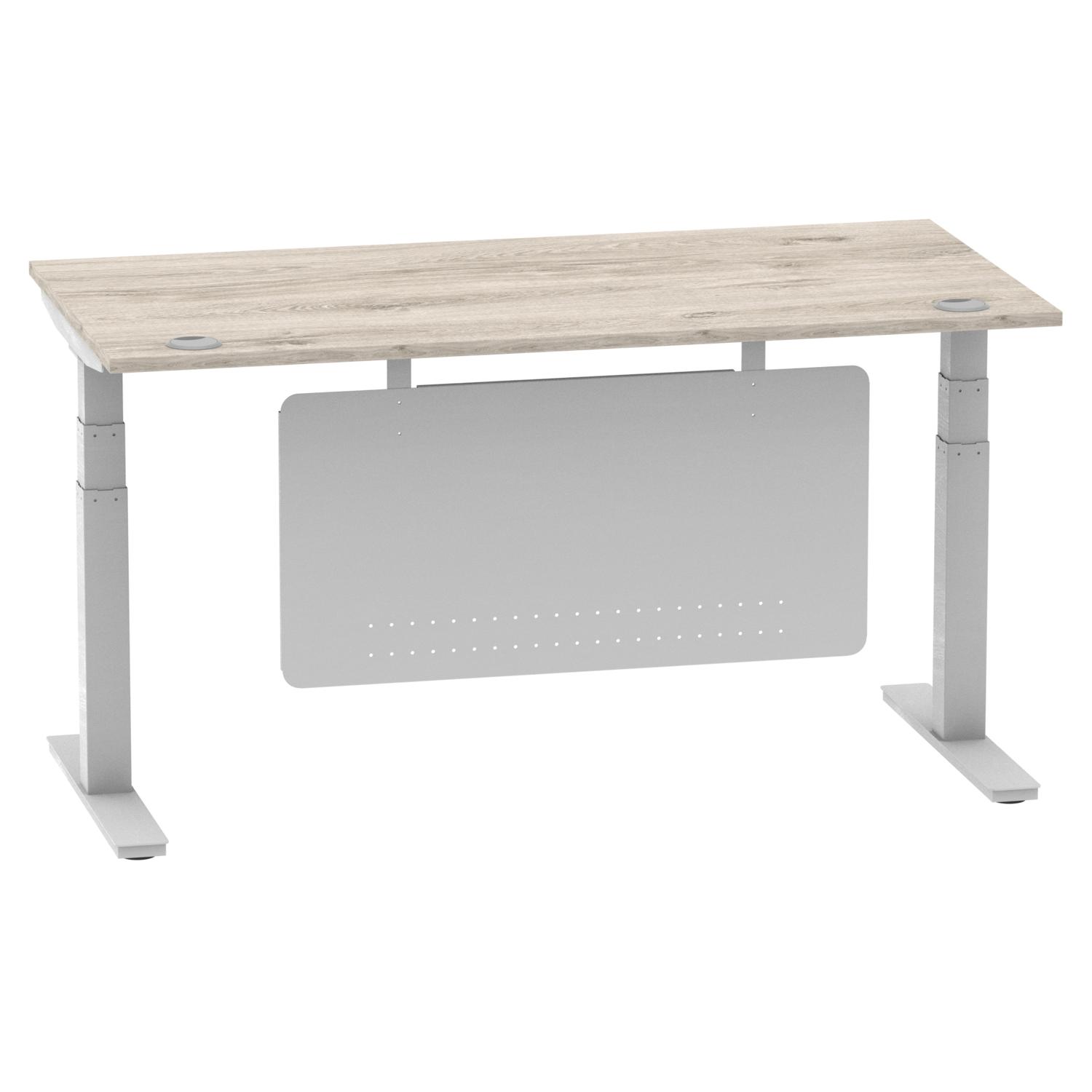 Air Modesty 1600 x 800mm Height Adjustable Office Desk Grey Oak Top Cable Ports Silver Leg With Silver Steel Modesty Panel