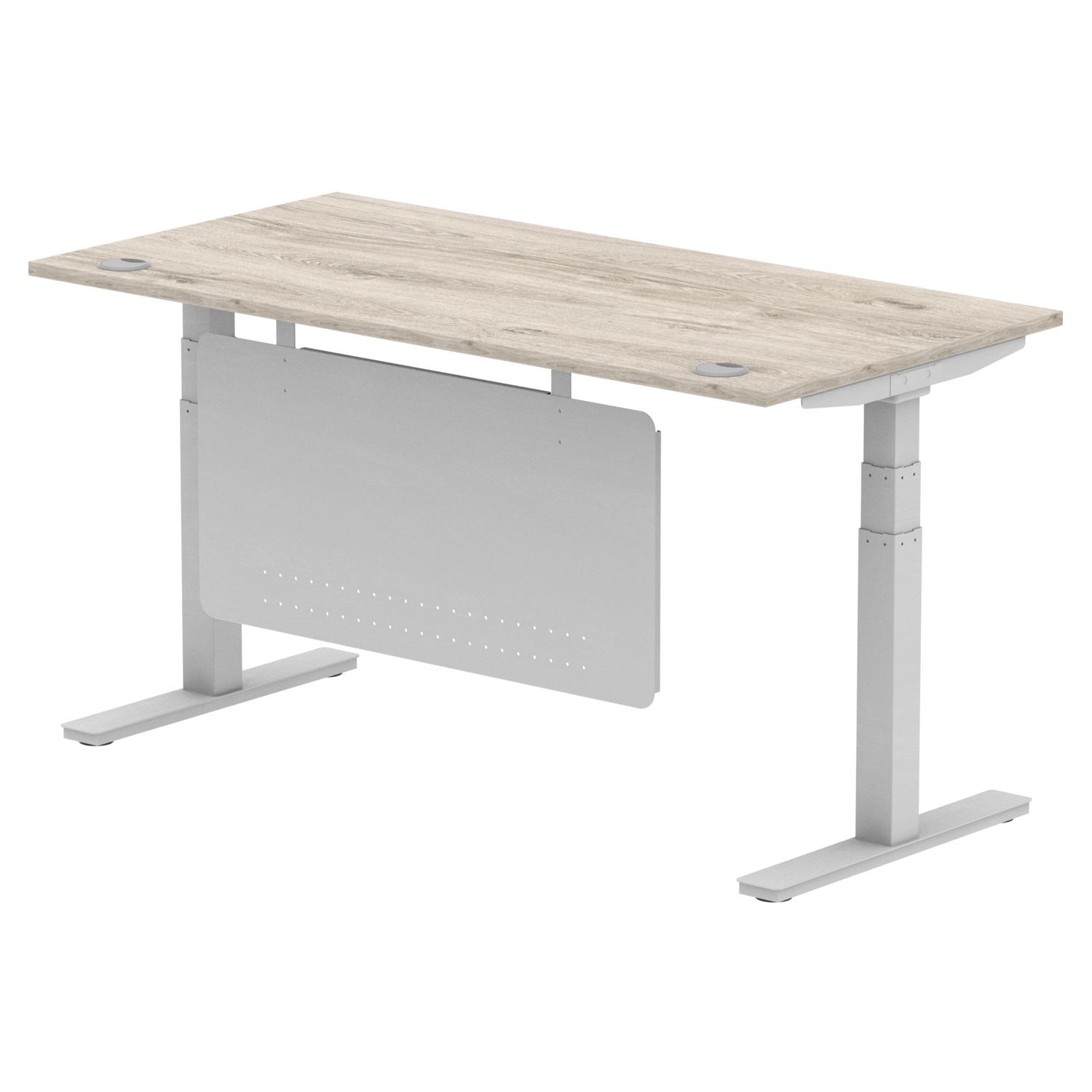 Air Modesty 1600 x 800mm Height Adjustable Office Desk Grey Oak Top Cable Ports Silver Leg With Silver Steel Modesty Panel