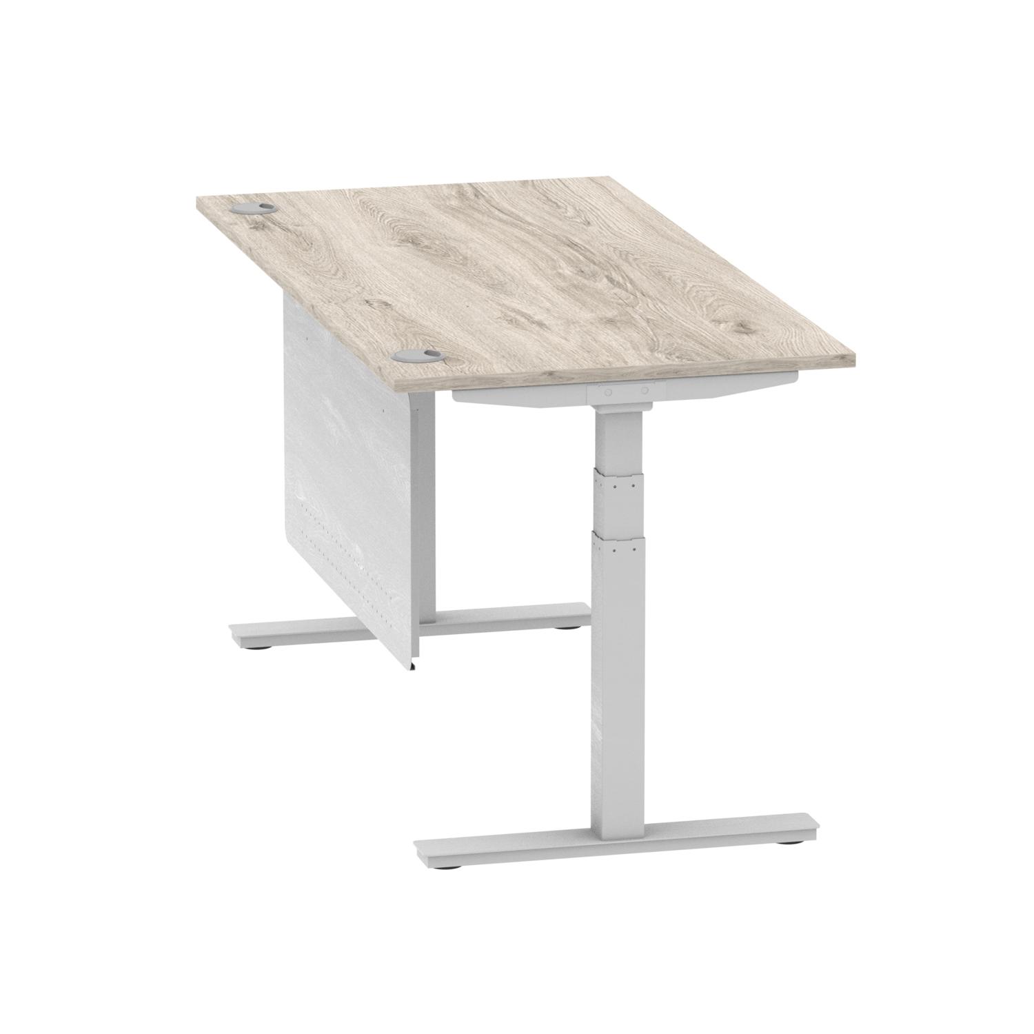 Air Modesty 1600 x 800mm Height Adjustable Office Desk Grey Oak Top Cable Ports Silver Leg With Silver Steel Modesty Panel