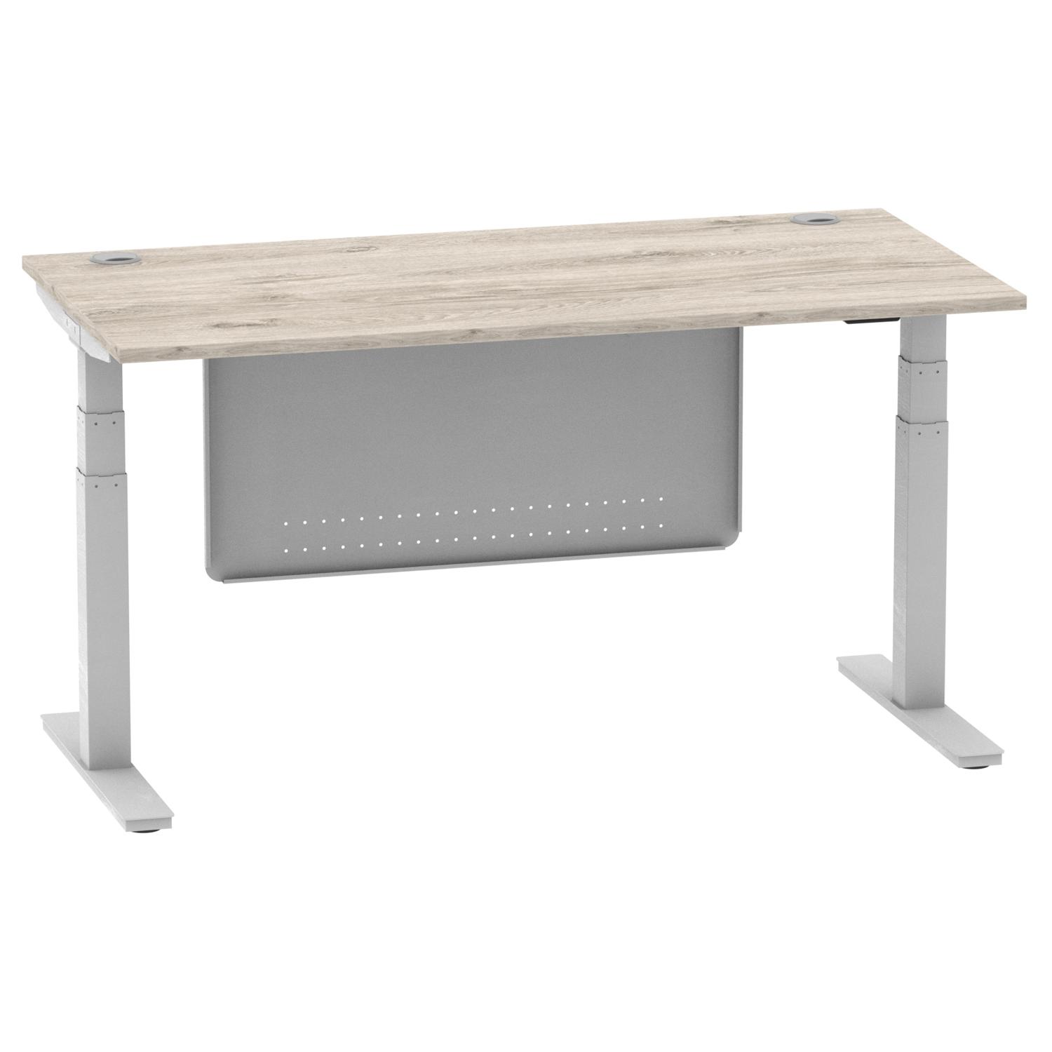 Air Modesty 1600 x 800mm Height Adjustable Office Desk Grey Oak Top Cable Ports Silver Leg With Silver Steel Modesty Panel