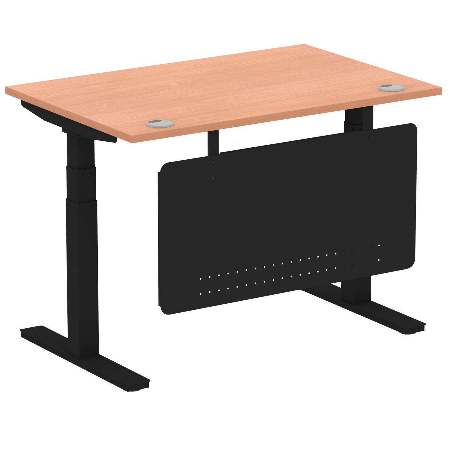 Air Modesty 1200 x 800mm Height Adjustable Office Desk Beech Top Cable Ports Black Leg With Black Steel Modesty Panel