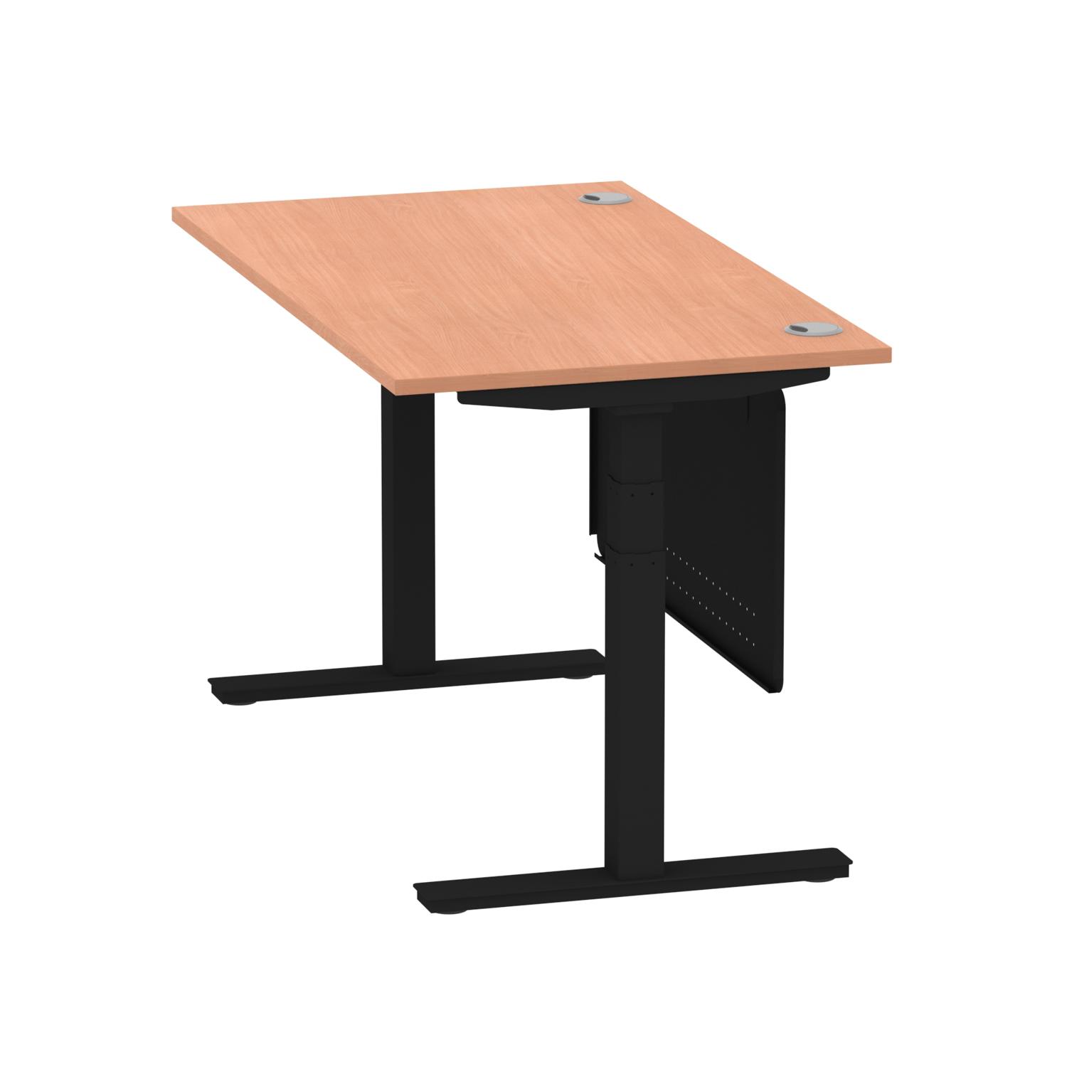 Air Modesty 1400 x 800mm Height Adjustable Office Desk Beech Top Cable Ports Black Leg With Black Steel Modesty Panel