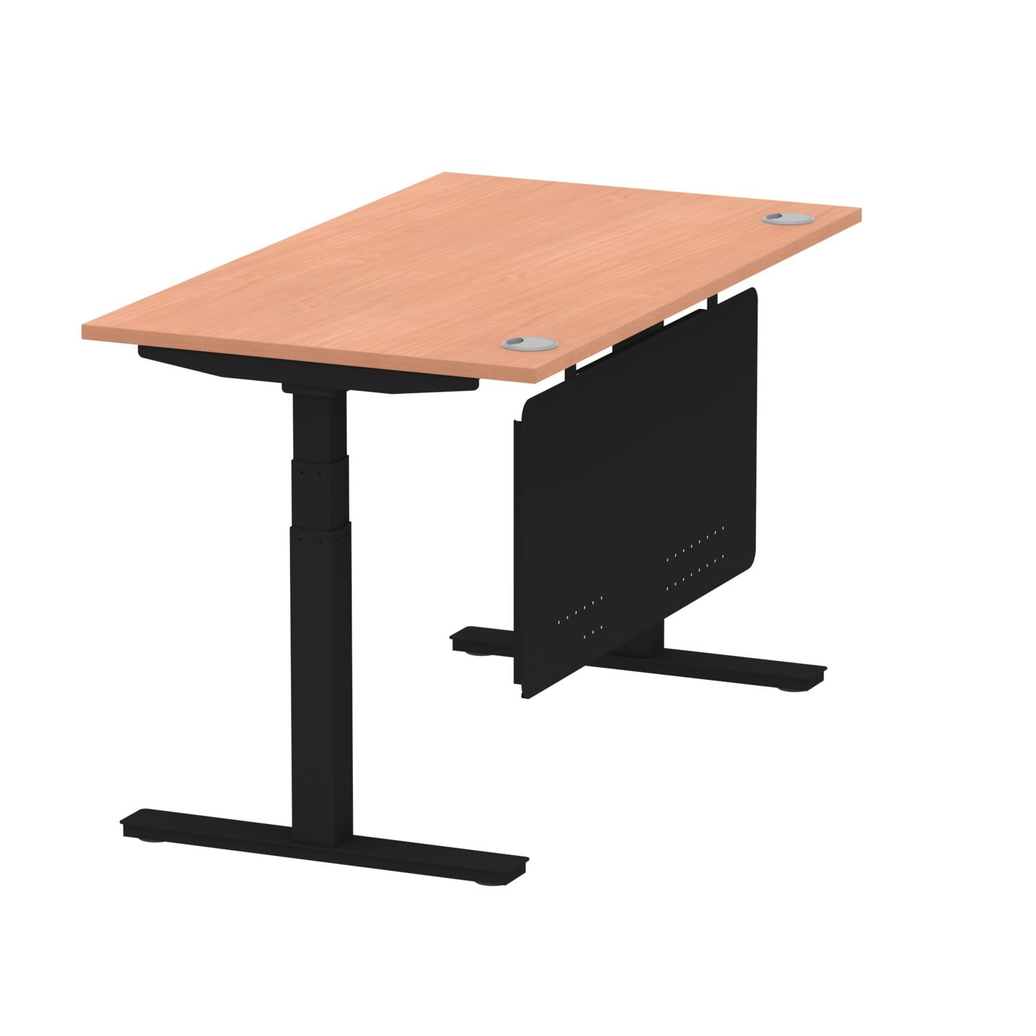 Air Modesty 1400 x 800mm Height Adjustable Office Desk Beech Top Cable Ports Black Leg With Black Steel Modesty Panel