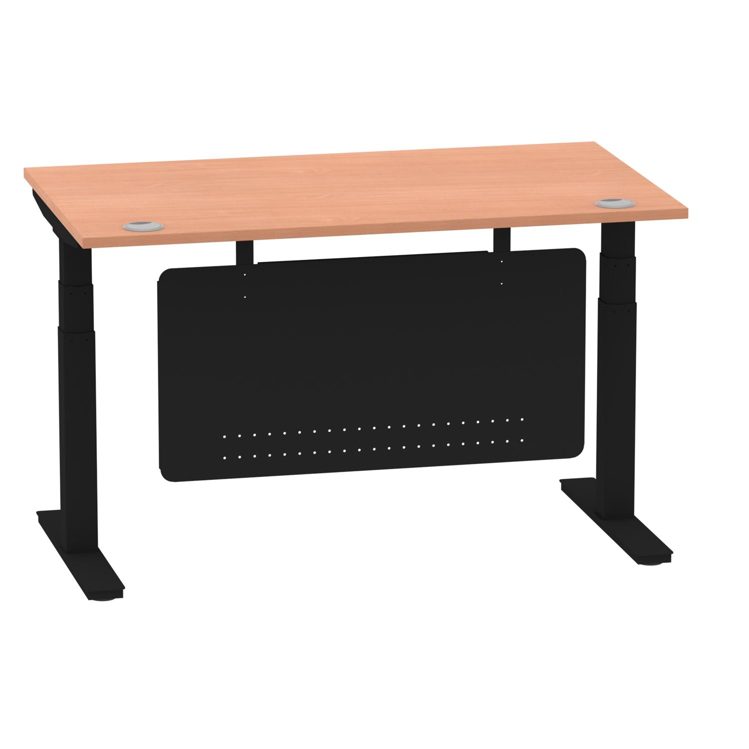 Air Modesty 1400 x 800mm Height Adjustable Office Desk Beech Top Cable Ports Black Leg With Black Steel Modesty Panel