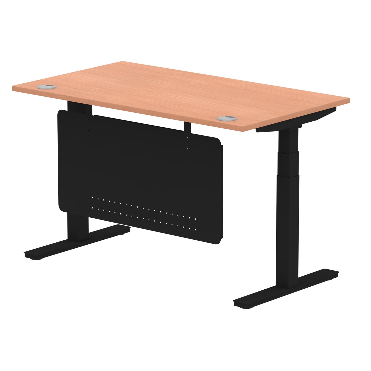 Air Modesty 1400 x 800mm Height Adjustable Office Desk Beech Top Cable Ports Black Leg With Black Steel Modesty Panel