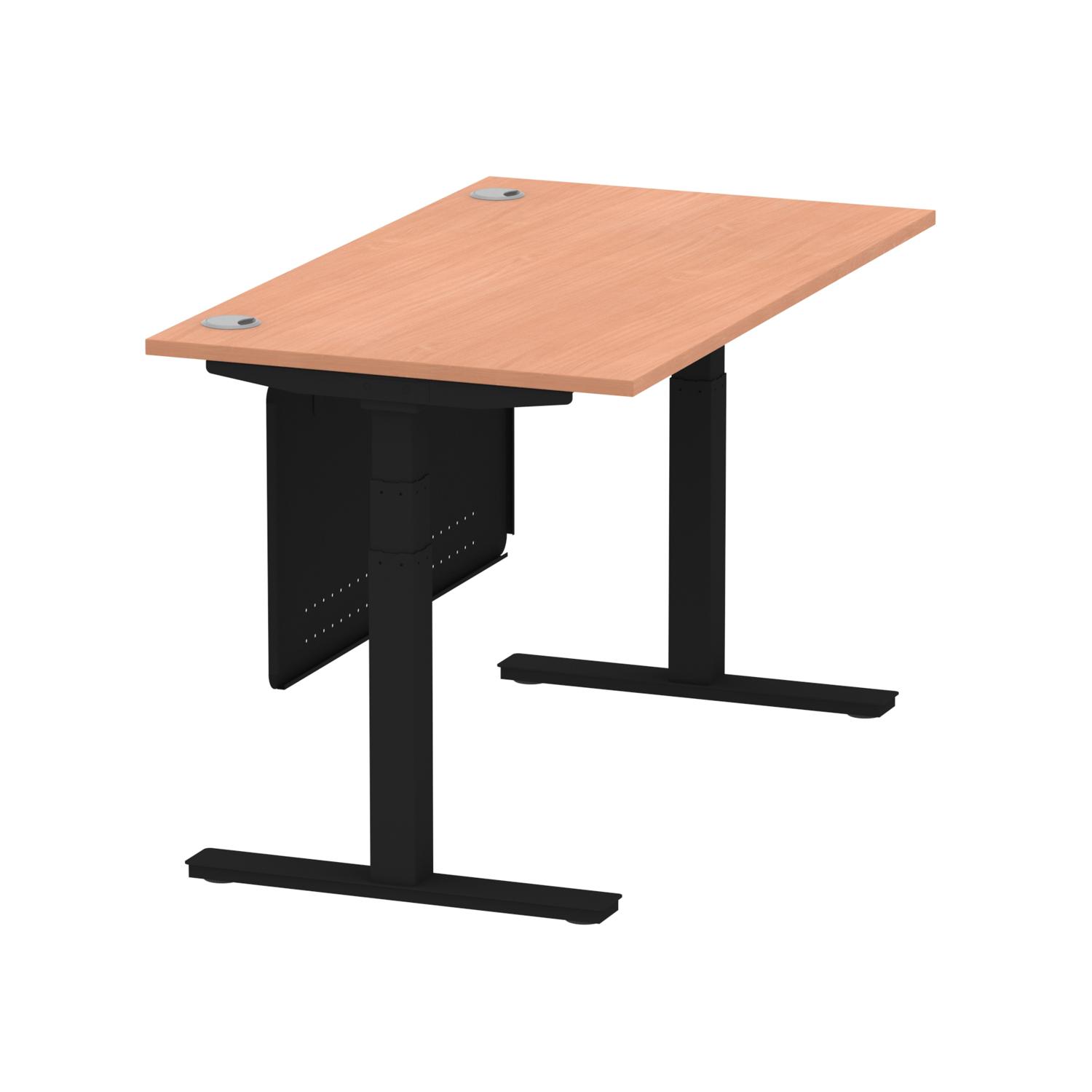 Air Modesty 1400 x 800mm Height Adjustable Office Desk Beech Top Cable Ports Black Leg With Black Steel Modesty Panel