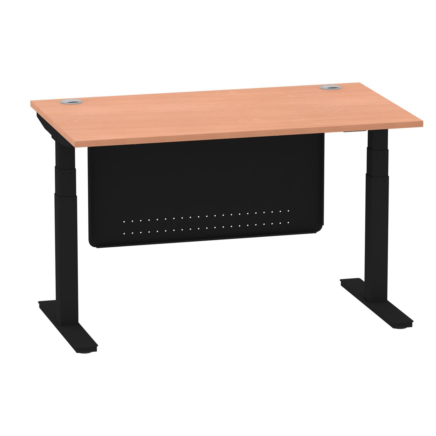 Air Modesty 1400 x 800mm Height Adjustable Office Desk Beech Top Cable Ports Black Leg With Black Steel Modesty Panel
