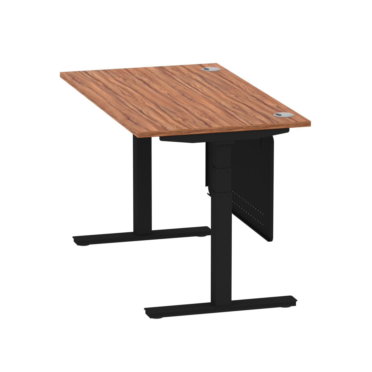 Air Modesty 1400 x 800mm Height Adjustable Office Desk Walnut Top Cable Ports Black Leg With Black Steel Modesty Panel