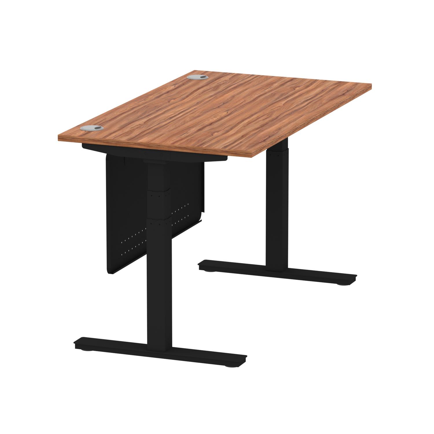 Air Modesty 1400 x 800mm Height Adjustable Office Desk Walnut Top Cable Ports Black Leg With Black Steel Modesty Panel