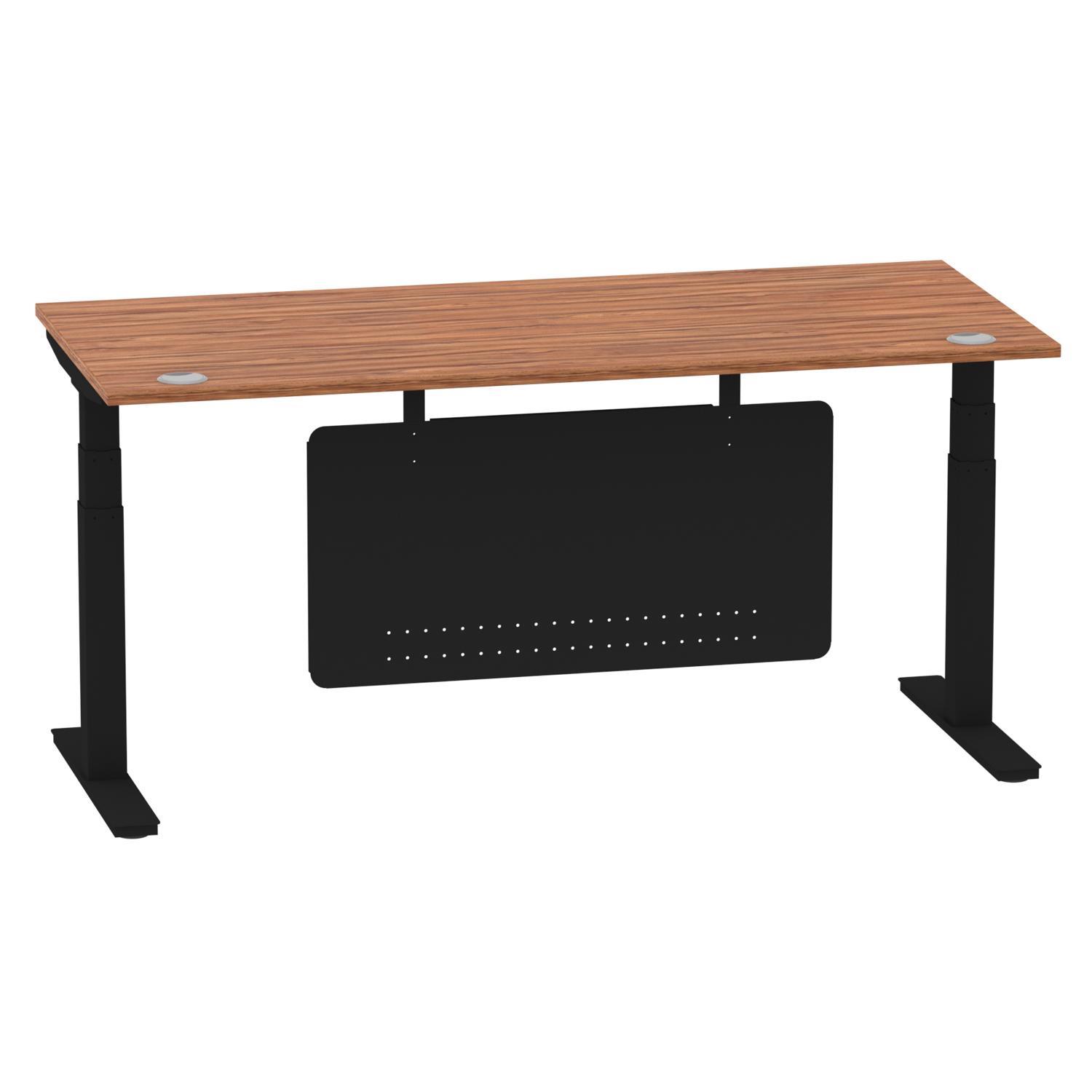 Air Modesty 1800 x 800mm Height Adjustable Office Desk Walnut Top Cable Ports Black Leg With Black Steel Modesty Panel