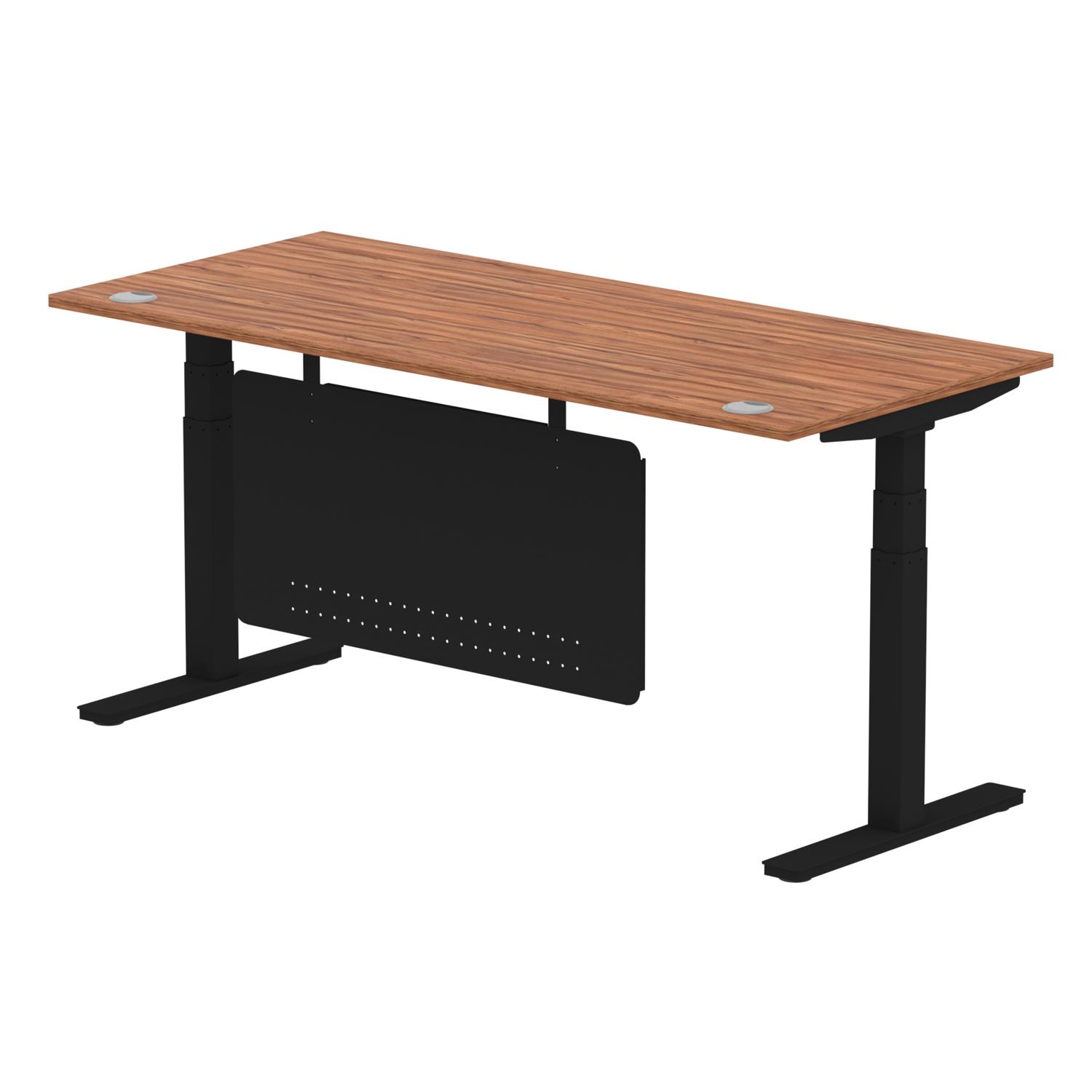 Air Modesty 1800 x 800mm Height Adjustable Office Desk Walnut Top Cable Ports Black Leg With Black Steel Modesty Panel