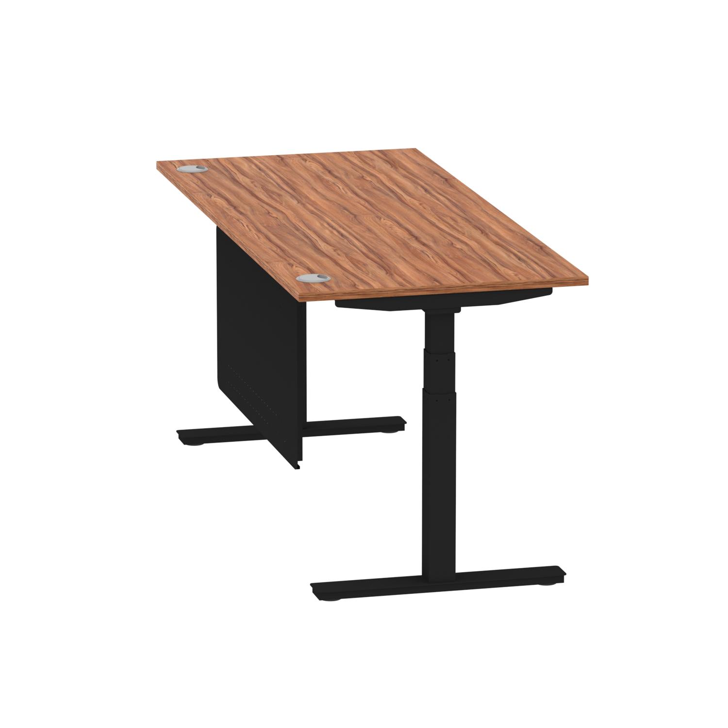 Air Modesty 1800 x 800mm Height Adjustable Office Desk Walnut Top Cable Ports Black Leg With Black Steel Modesty Panel
