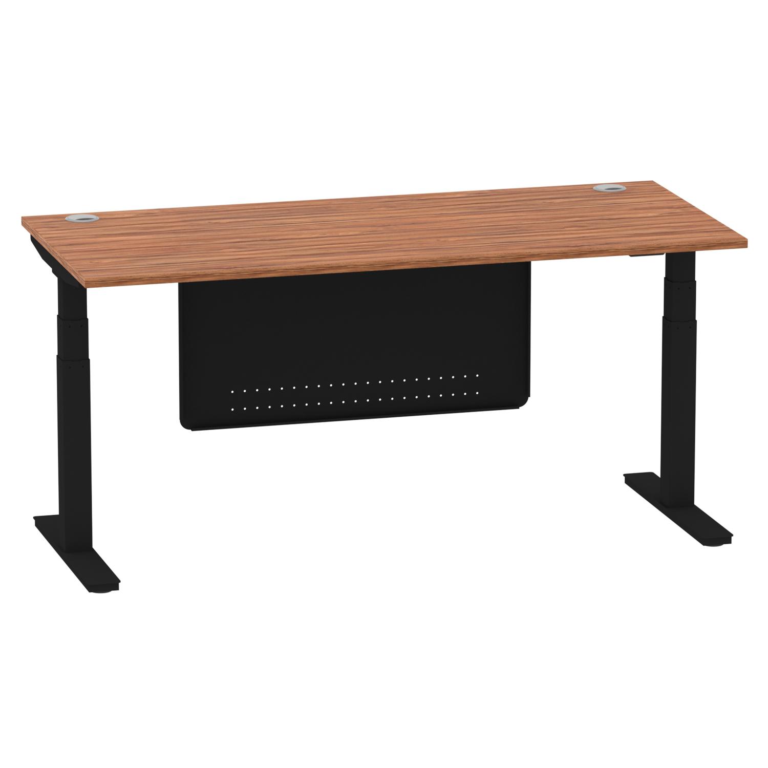 Air Modesty 1800 x 800mm Height Adjustable Office Desk Walnut Top Cable Ports Black Leg With Black Steel Modesty Panel