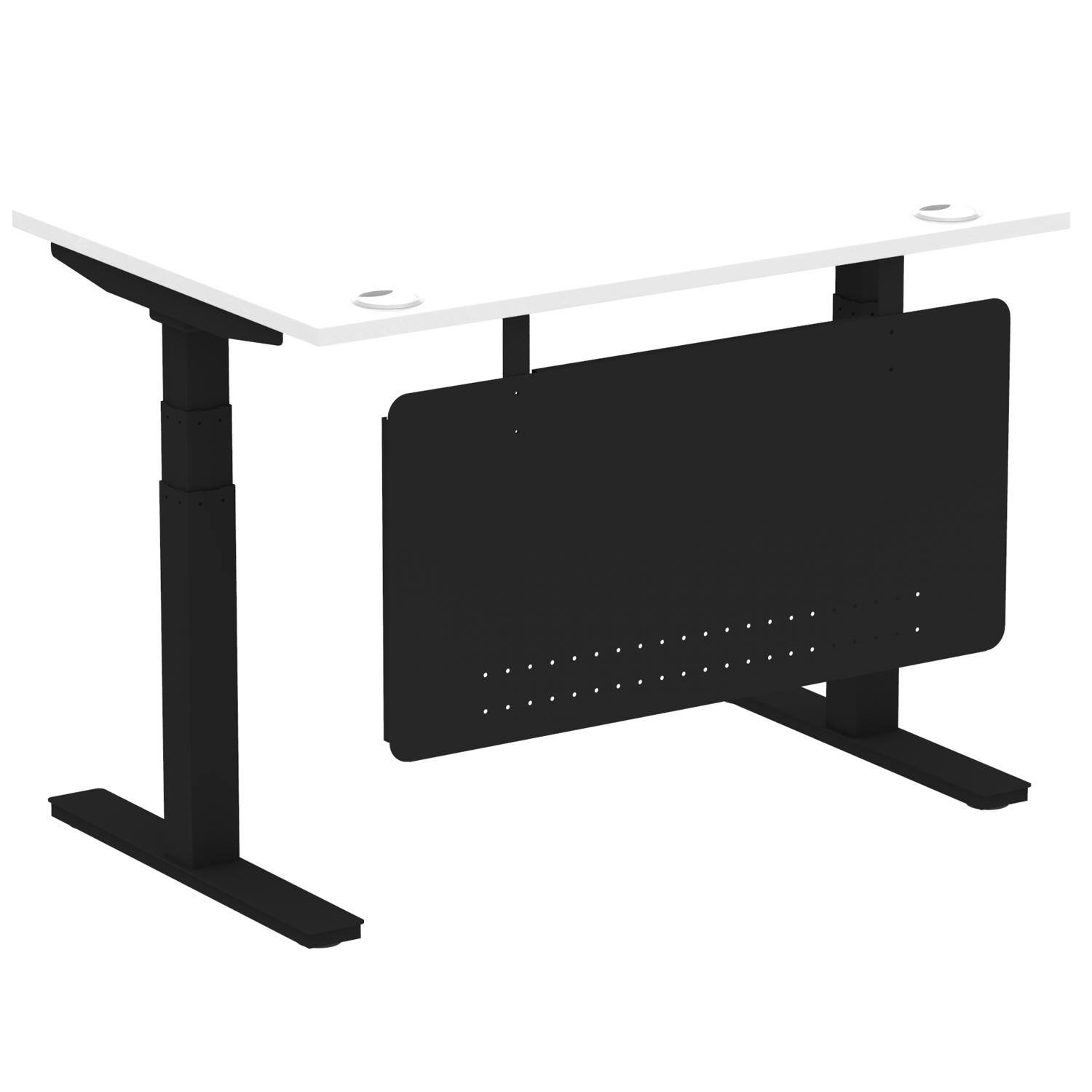 Air Modesty 1200 x 800mm Height Adjustable Office Desk White Top Cable Ports Black Leg With Black Steel Modesty Panel