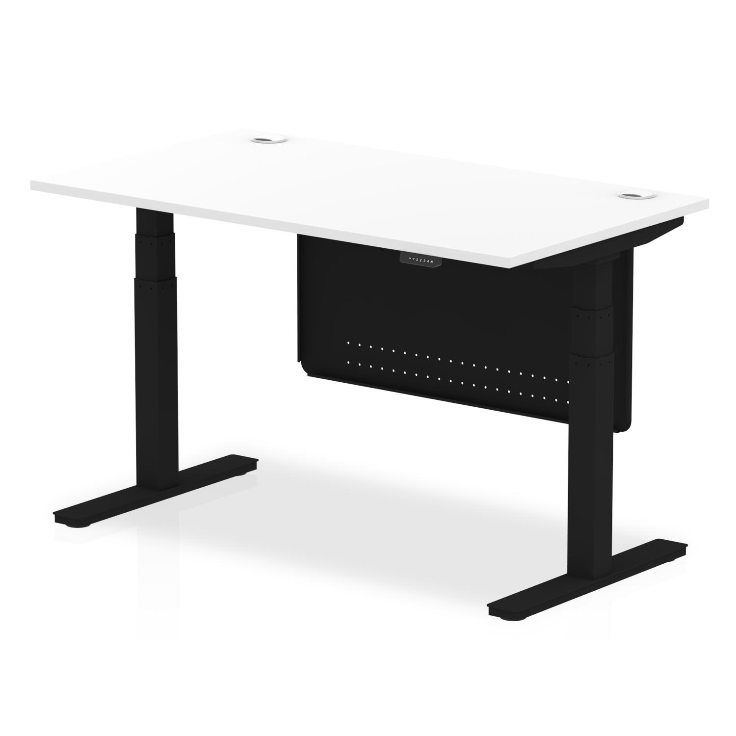 Air Modesty 1400 x 800mm Height Adjustable Office Desk White Top Cable Ports Black Leg With Black Steel Modesty Panel