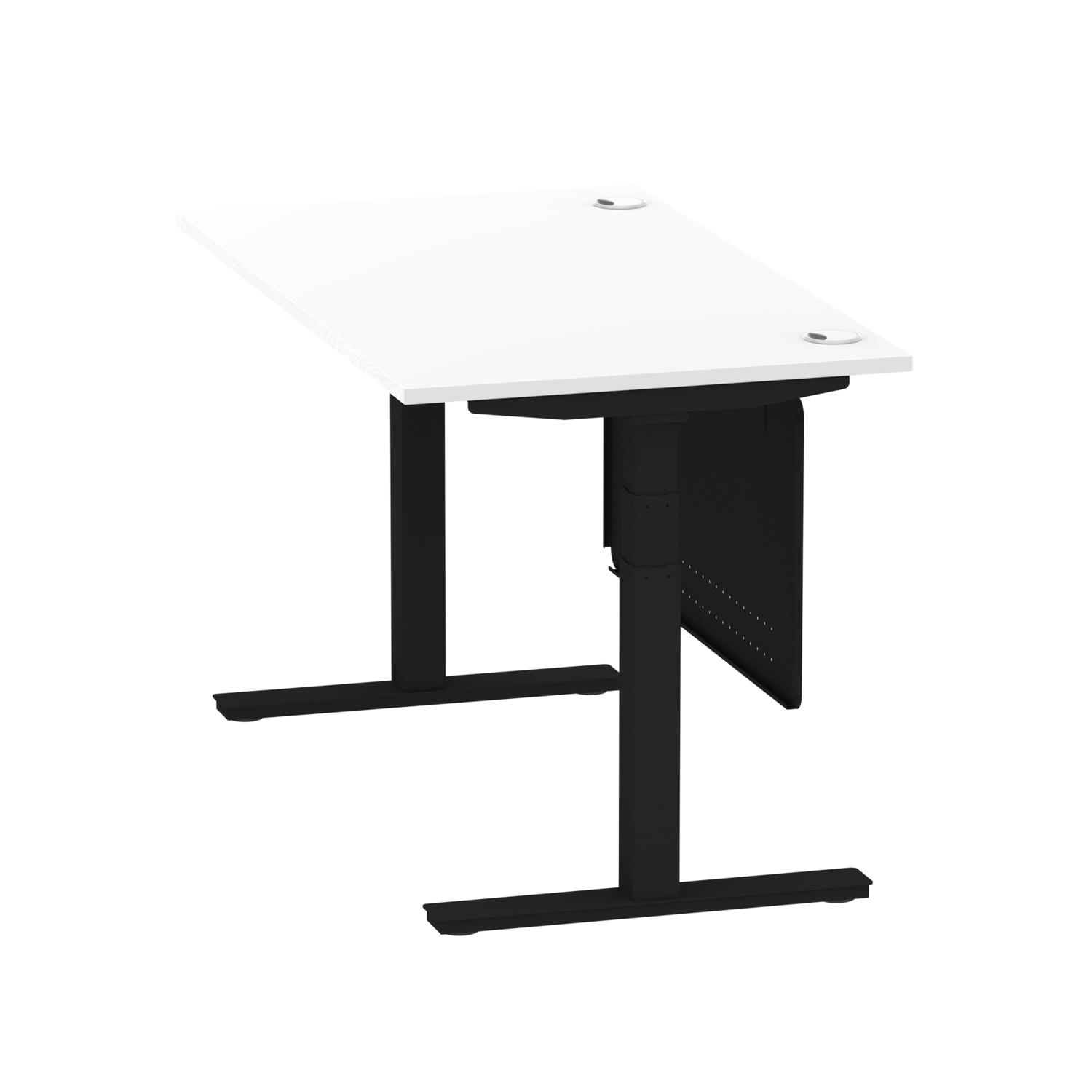Air Modesty 1400 x 800mm Height Adjustable Office Desk White Top Cable Ports Black Leg With Black Steel Modesty Panel