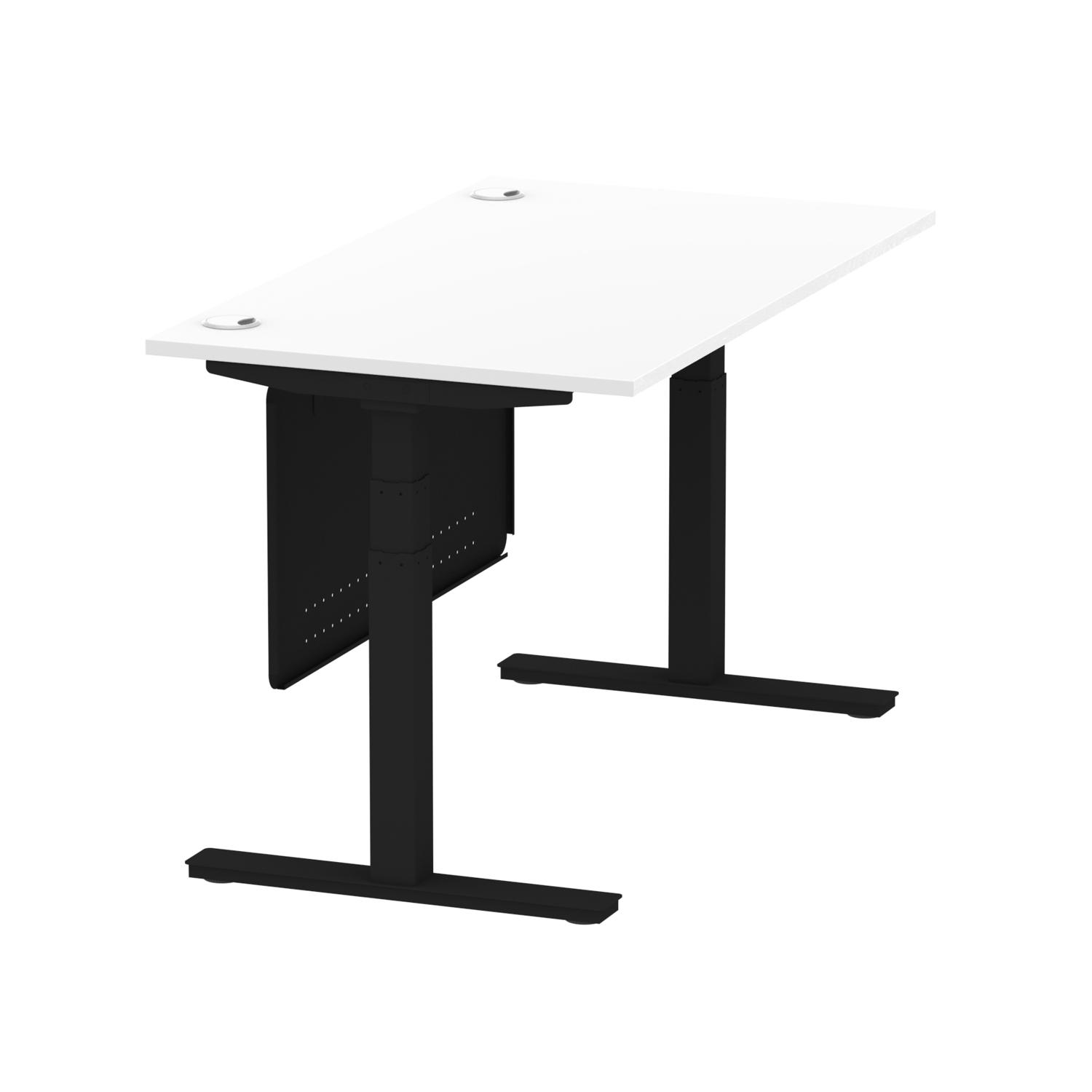 Air Modesty 1400 x 800mm Height Adjustable Office Desk White Top Cable Ports Black Leg With Black Steel Modesty Panel