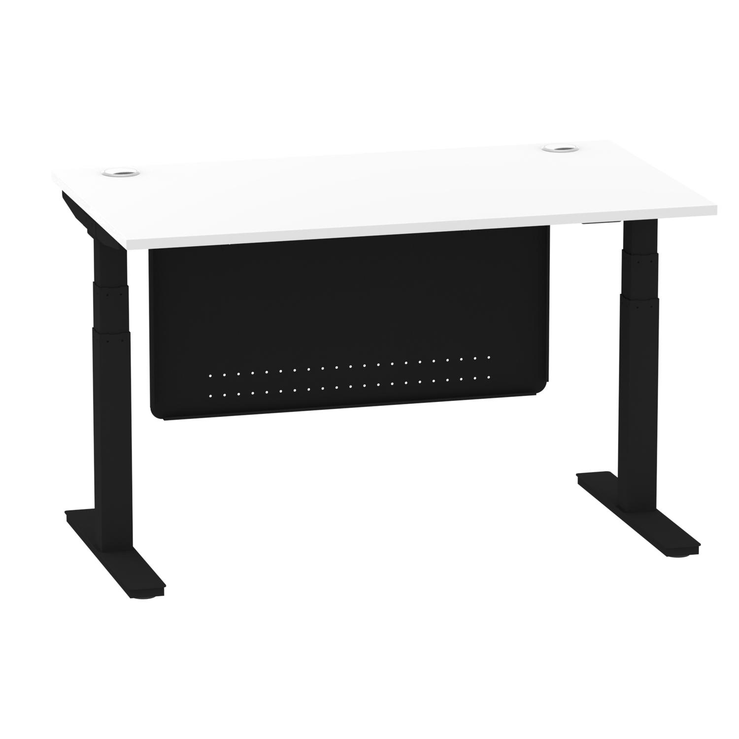 Air Modesty 1400 x 800mm Height Adjustable Office Desk White Top Cable Ports Black Leg With Black Steel Modesty Panel