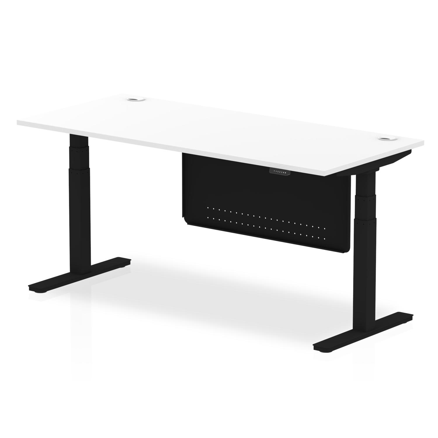 Air Modesty 1800 x 800mm Height Adjustable Office Desk White Top Cable Ports Black Leg With Black Steel Modesty Panel