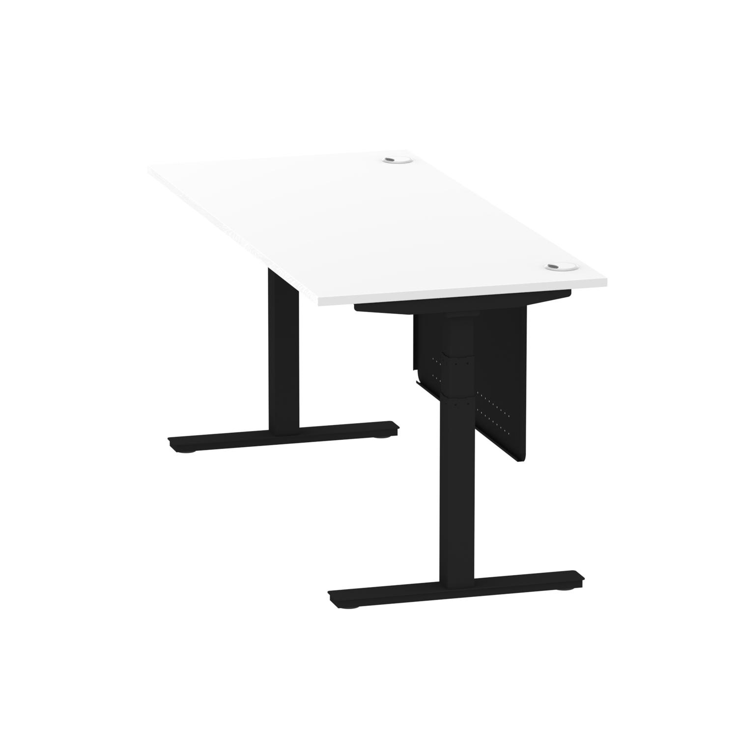 Air Modesty 1800 x 800mm Height Adjustable Office Desk White Top Cable Ports Black Leg With Black Steel Modesty Panel