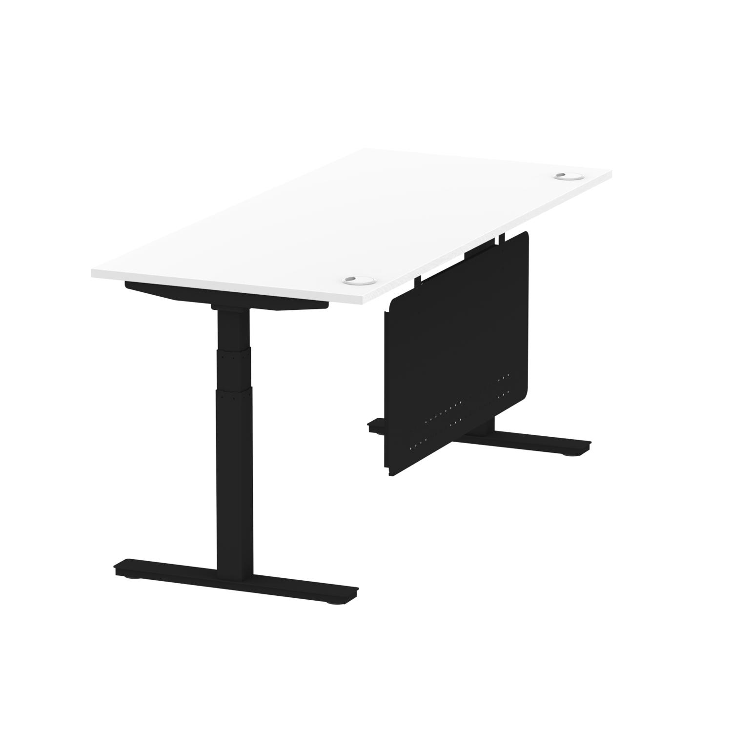 Air Modesty 1800 x 800mm Height Adjustable Office Desk White Top Cable Ports Black Leg With Black Steel Modesty Panel