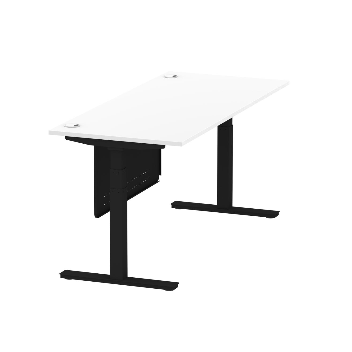 Air Modesty 1800 x 800mm Height Adjustable Office Desk White Top Cable Ports Black Leg With Black Steel Modesty Panel
