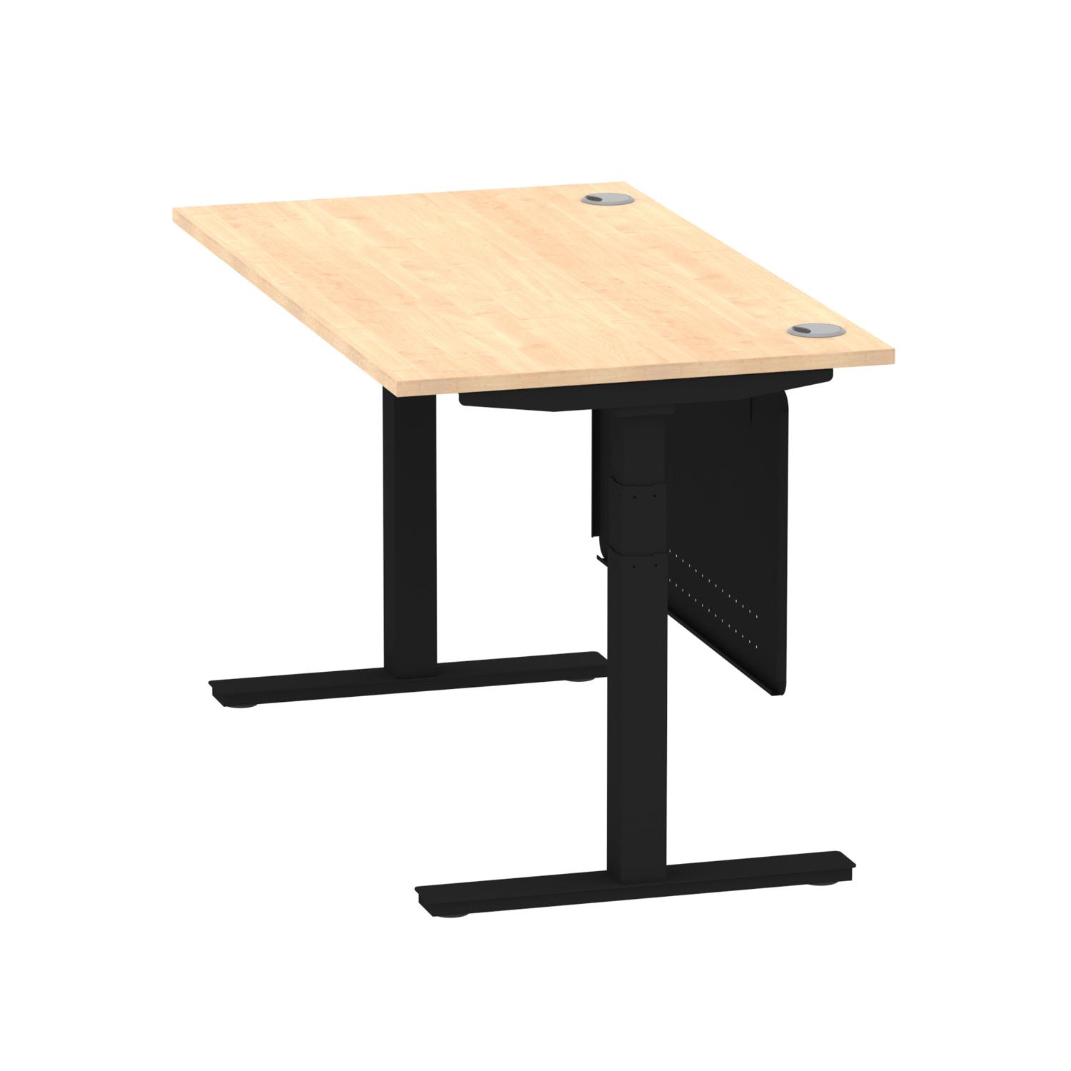 Air Modesty 1400 x 800mm Height Adjustable Office Desk Maple Top Cable Ports Black Leg With Black Steel Modesty Panel