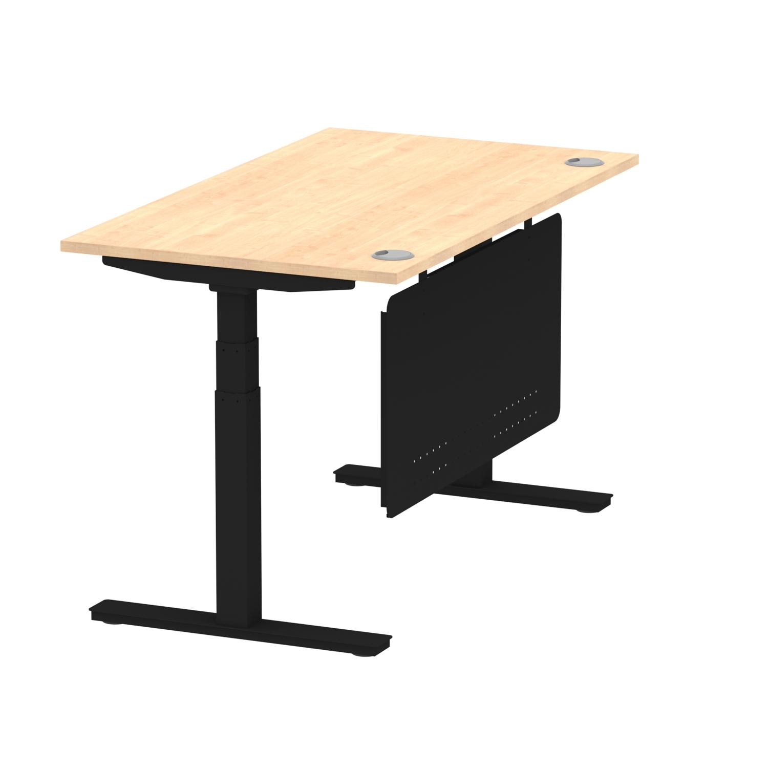 Air Modesty 1400 x 800mm Height Adjustable Office Desk Maple Top Cable Ports Black Leg With Black Steel Modesty Panel
