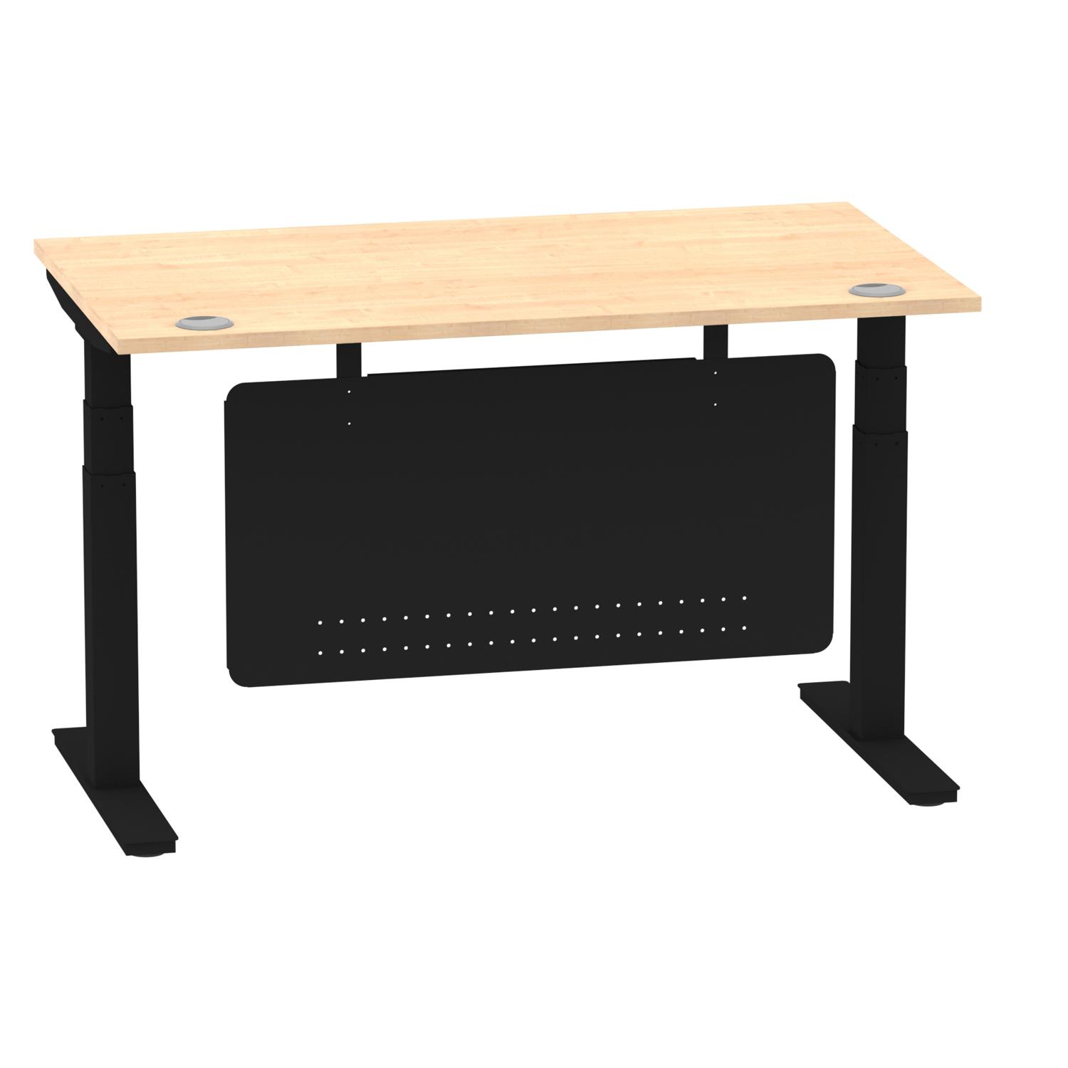 Air Modesty 1400 x 800mm Height Adjustable Office Desk Maple Top Cable Ports Black Leg With Black Steel Modesty Panel