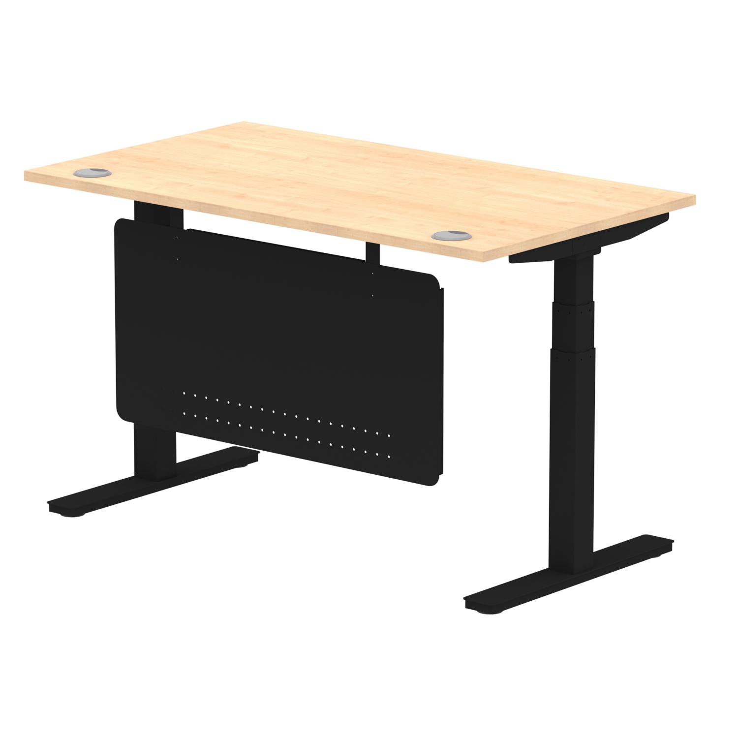 Air Modesty 1400 x 800mm Height Adjustable Office Desk Maple Top Cable Ports Black Leg With Black Steel Modesty Panel