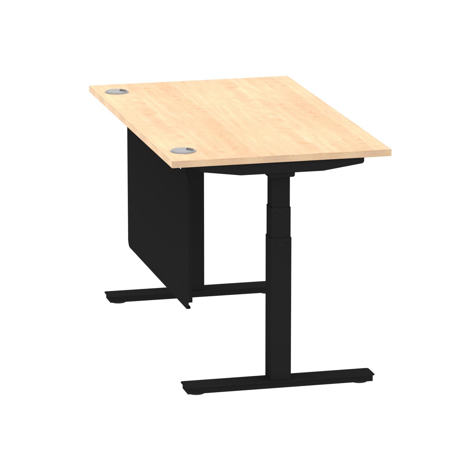 Air Modesty 1400 x 800mm Height Adjustable Office Desk Maple Top Cable Ports Black Leg With Black Steel Modesty Panel